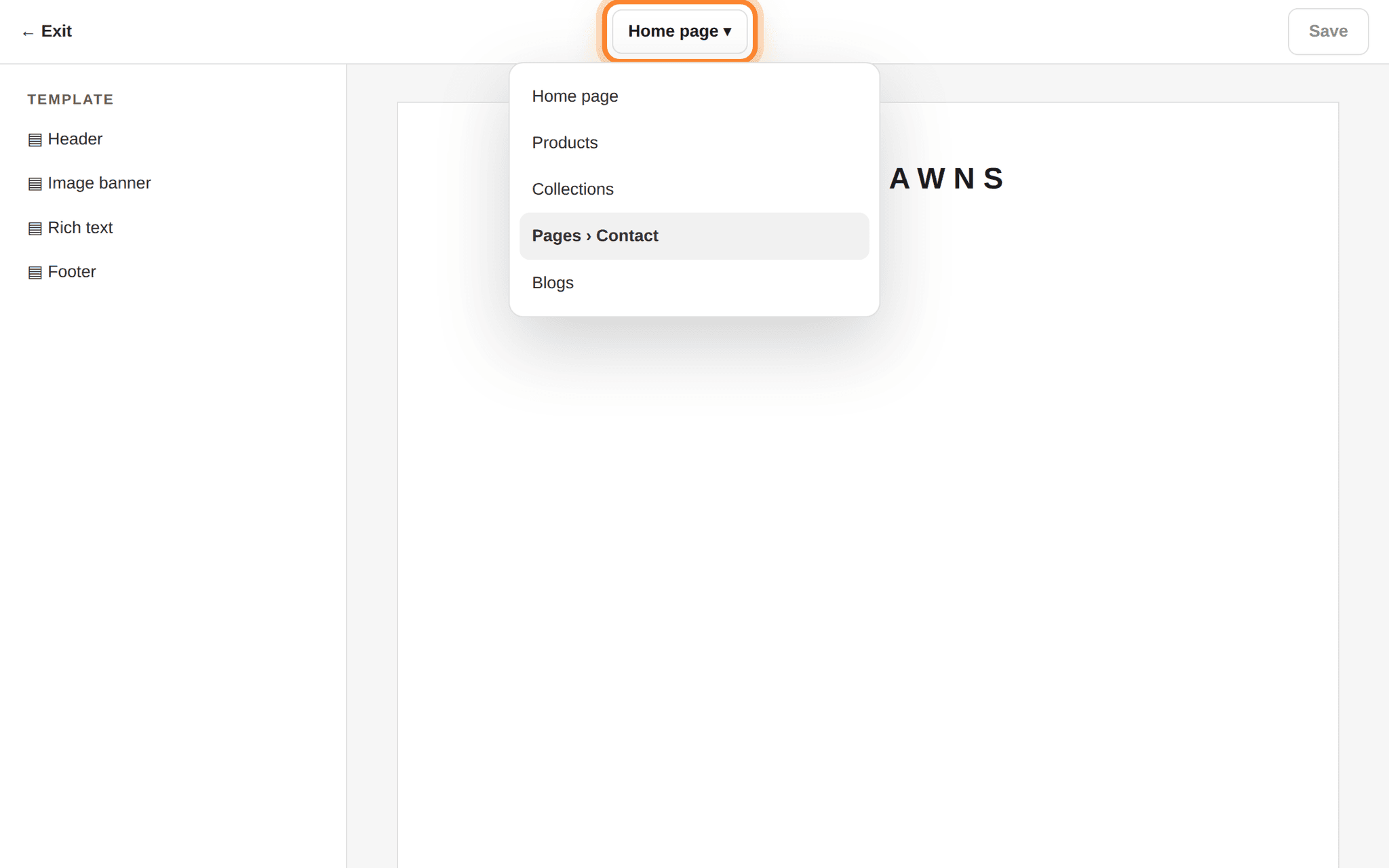 The customizer page selector open, showing Pages and Contact, with the selector at the top ringed.