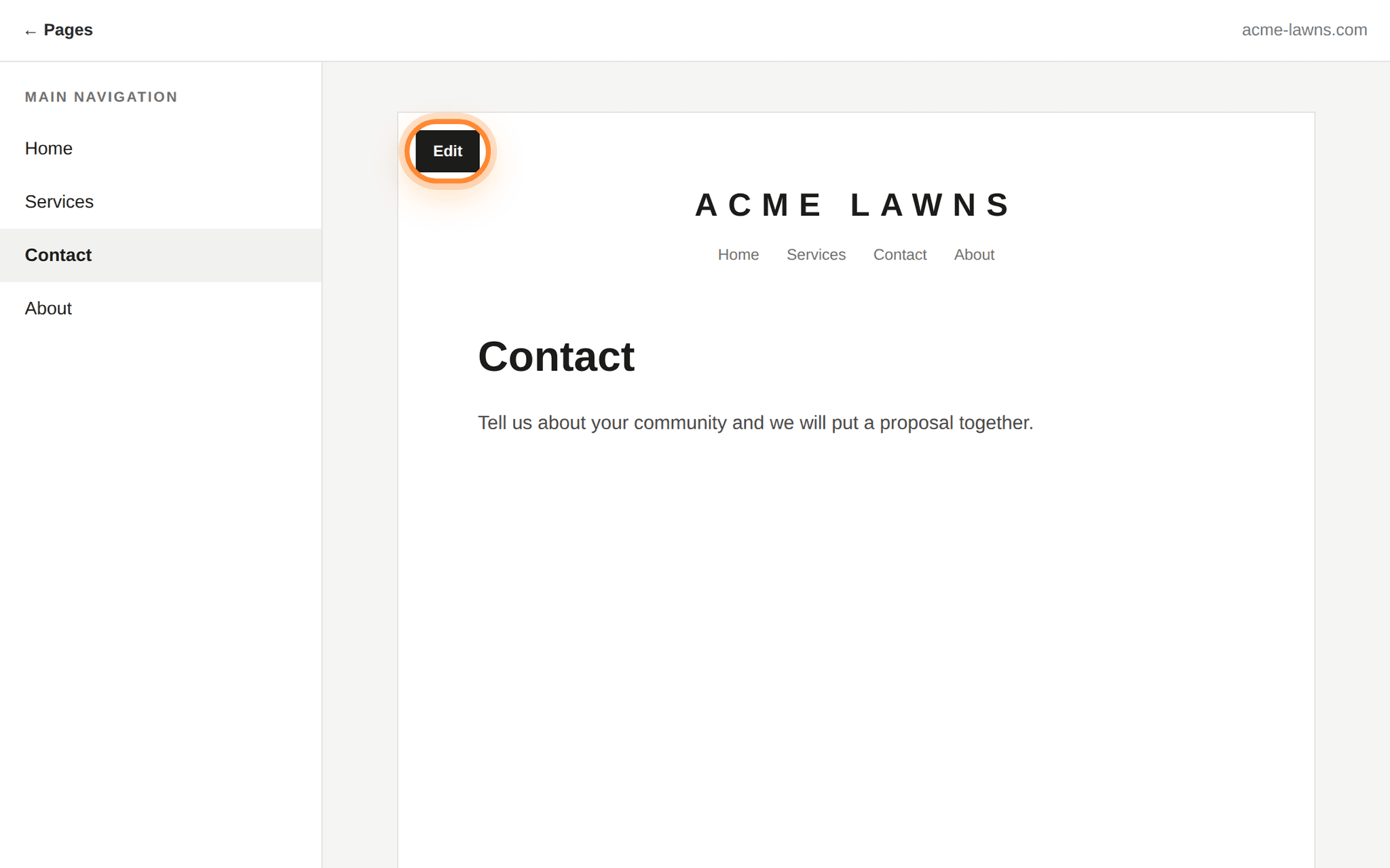 A Squarespace page with the Edit button ringed at the top left of the page preview.