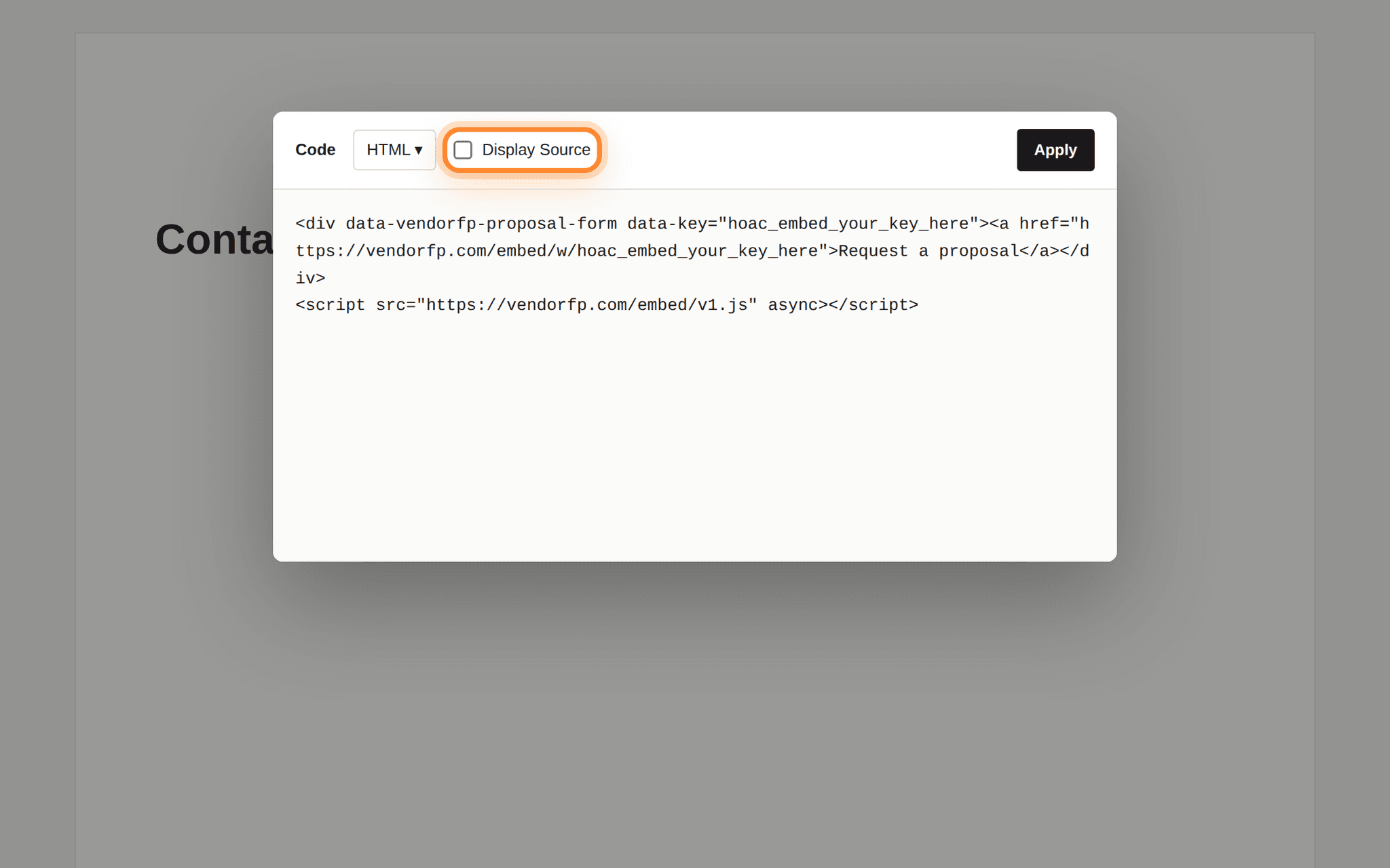 The Code block editor with the snippet pasted in, the mode set to HTML, and the unticked Display Source box ringed.