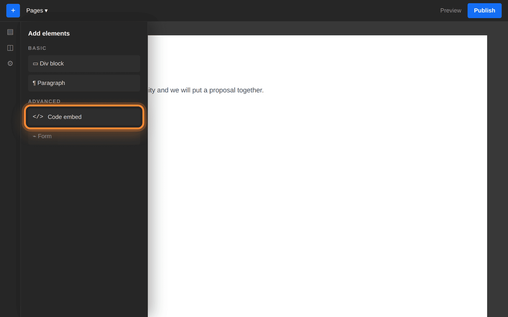 The Webflow Add panel open, with Code embed under the Advanced heading ringed.