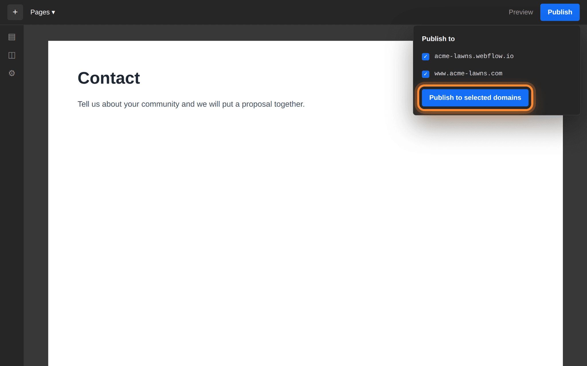 The Webflow publish menu listing the webflow.io address and the custom domain, both ticked, with the publish button ringed.