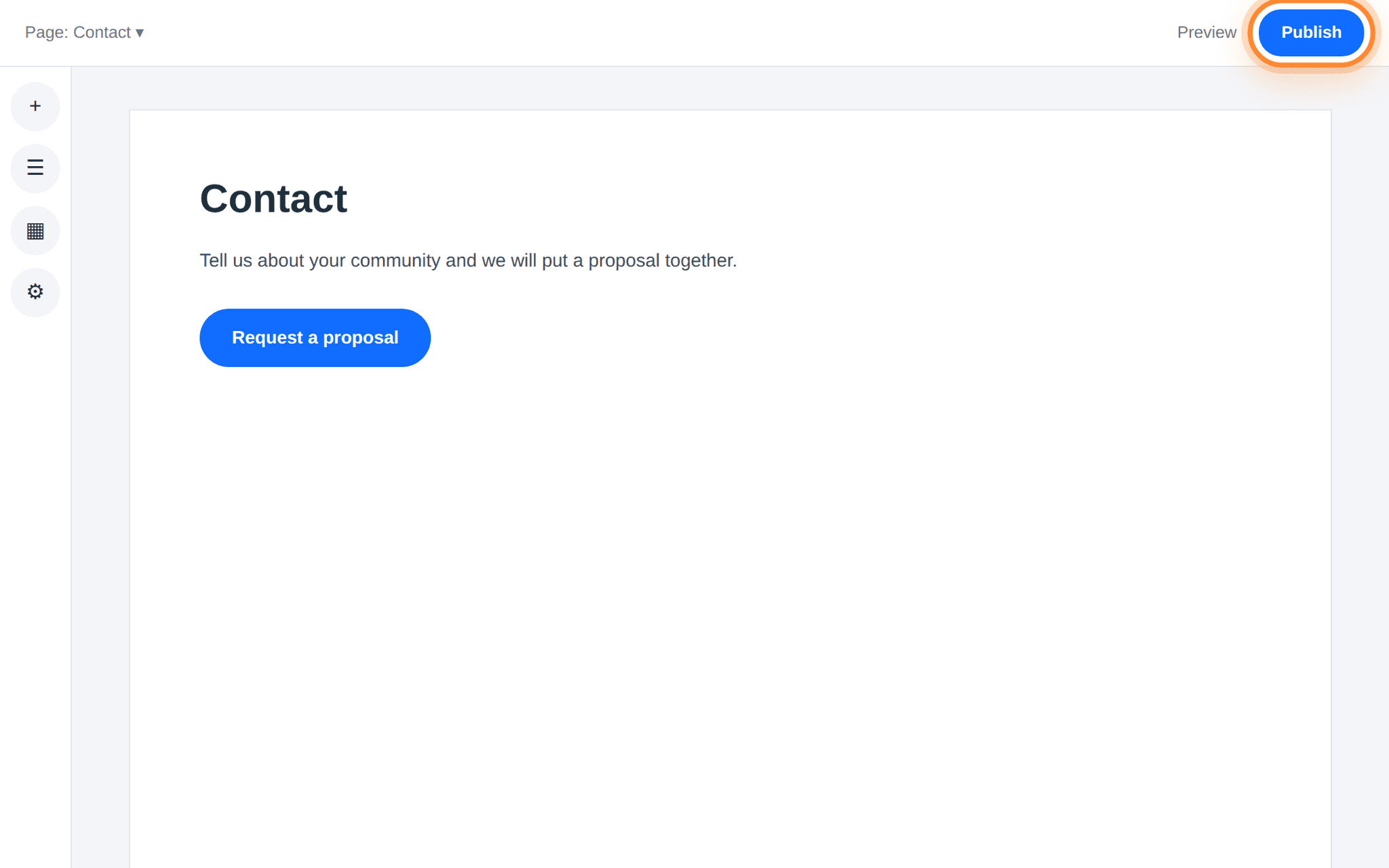 The Wix editor showing the finished button on the page, with Publish ringed at the top right.