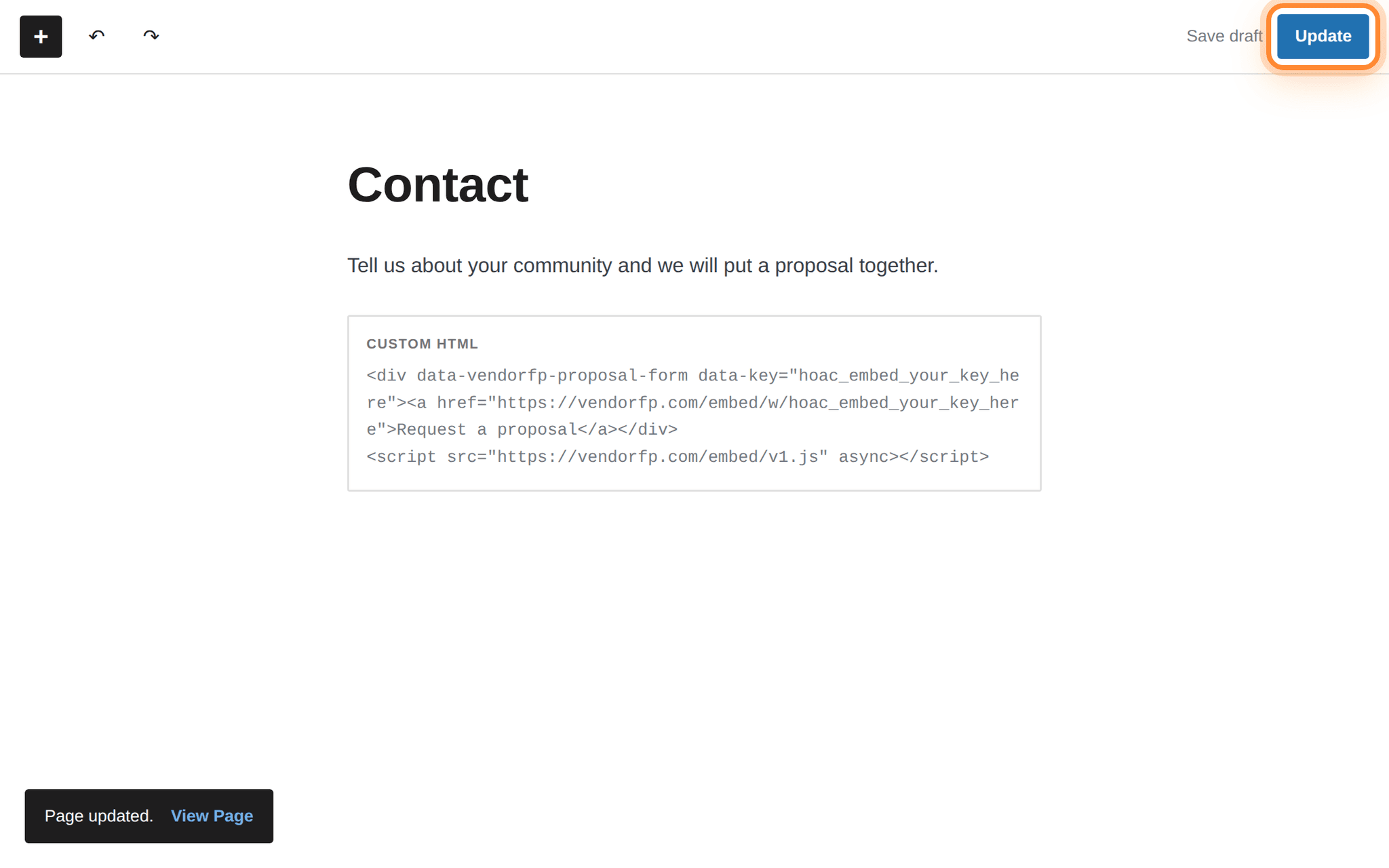 The editor with the Update button ringed at the top right, and a saved notice offering View Page.