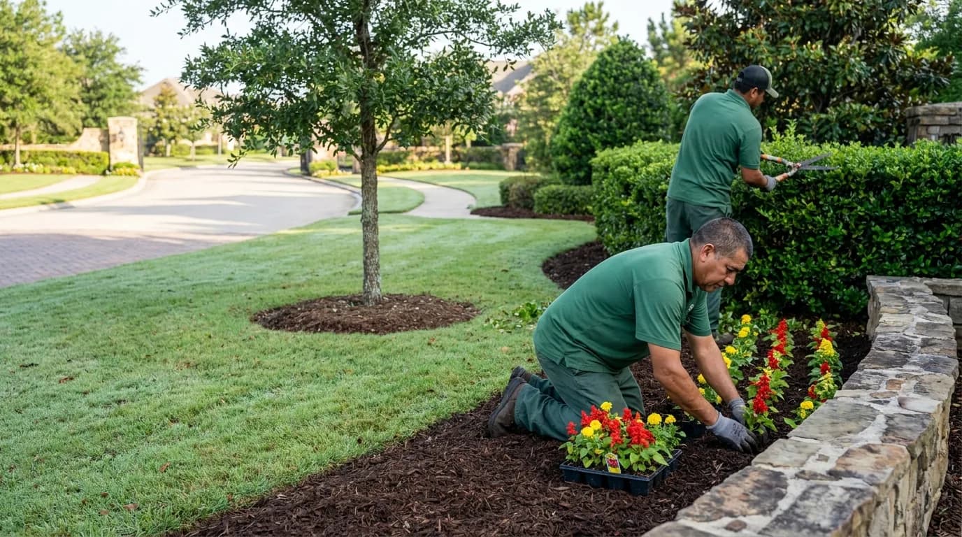 A two-person crew refreshing planting beds at a community entrance