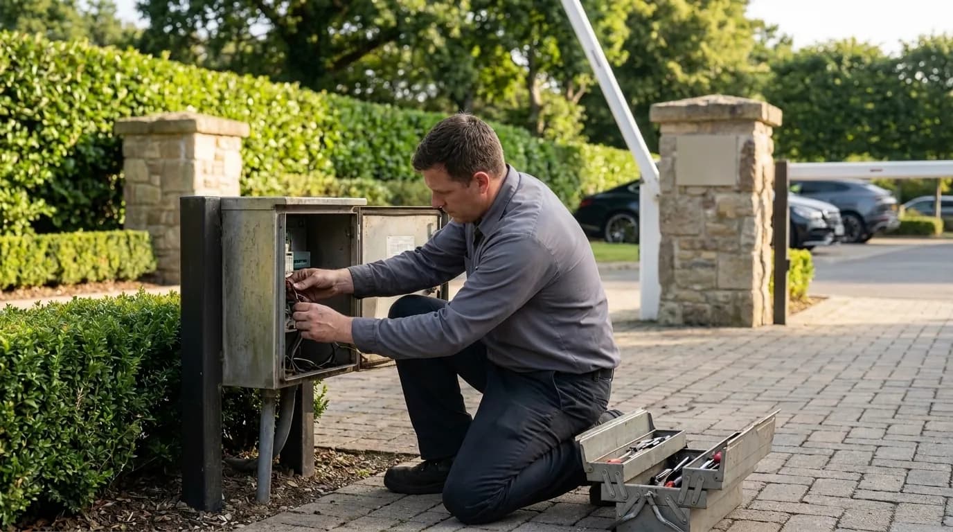 A technician servicing the control box of an automatic gate arm