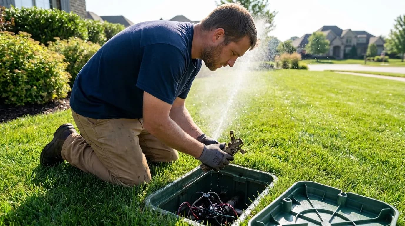 An irrigation technician kneeling beside an open valve box