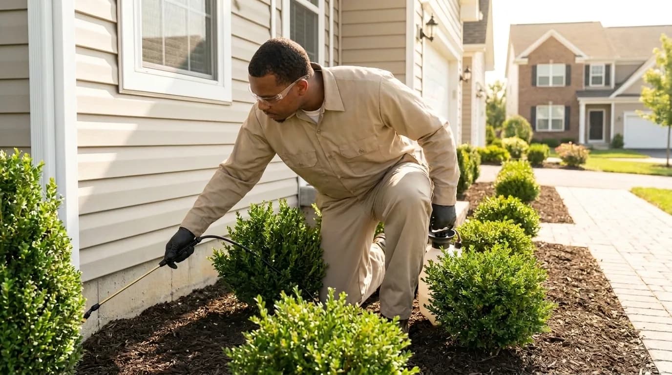 A pest control technician treating the perimeter of a building