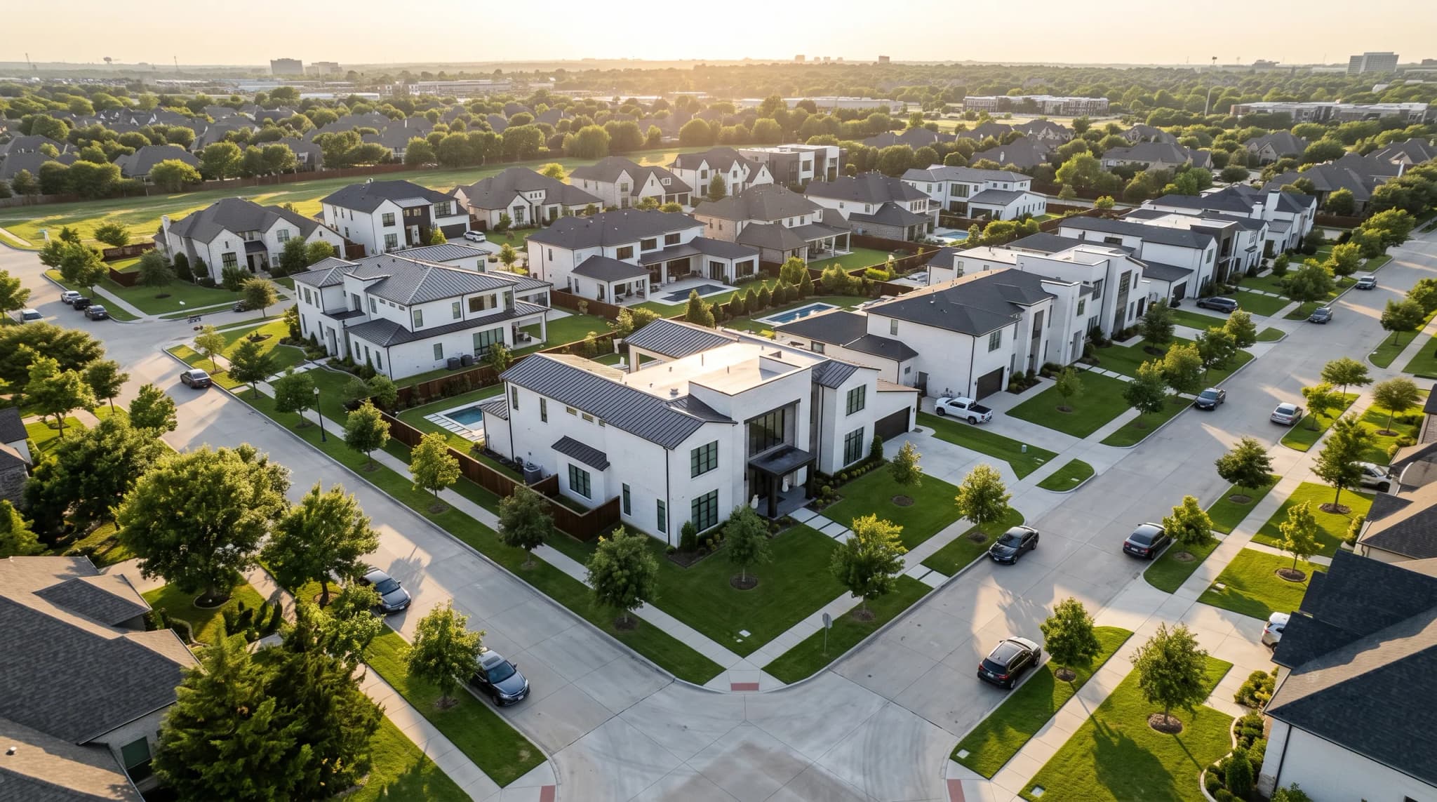 Aerial view of a master-planned community with a clubhouse and pool
