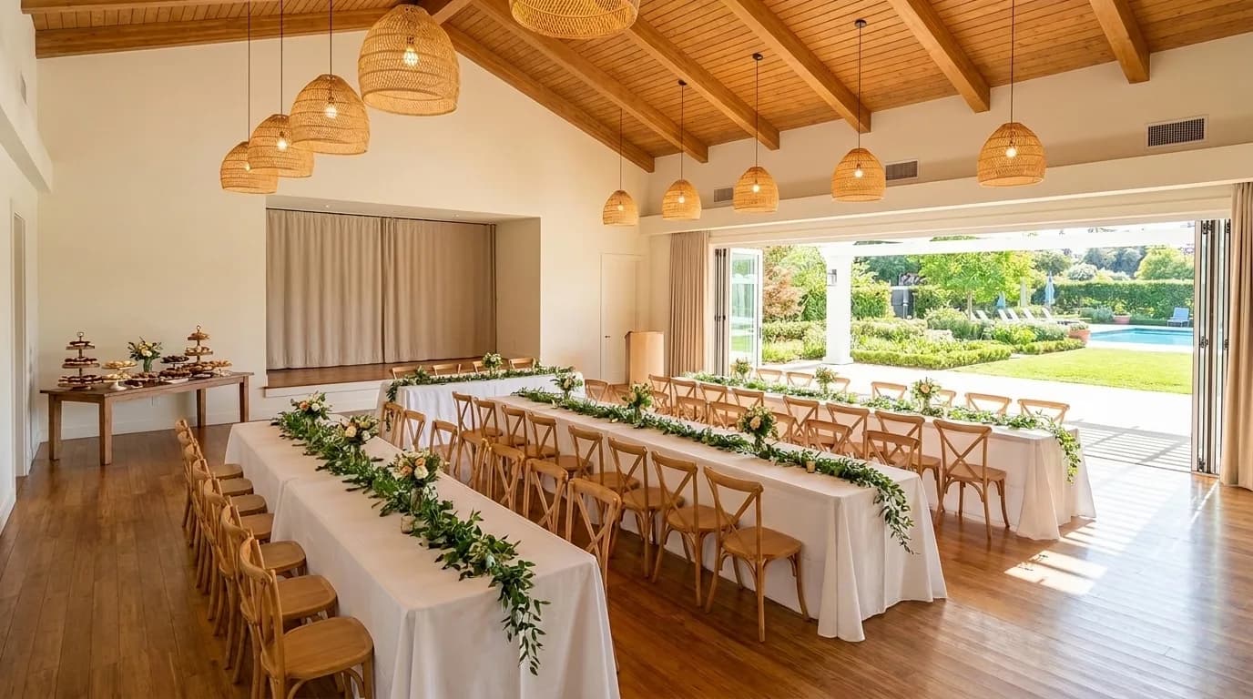 A clubhouse event room set for a banquet.