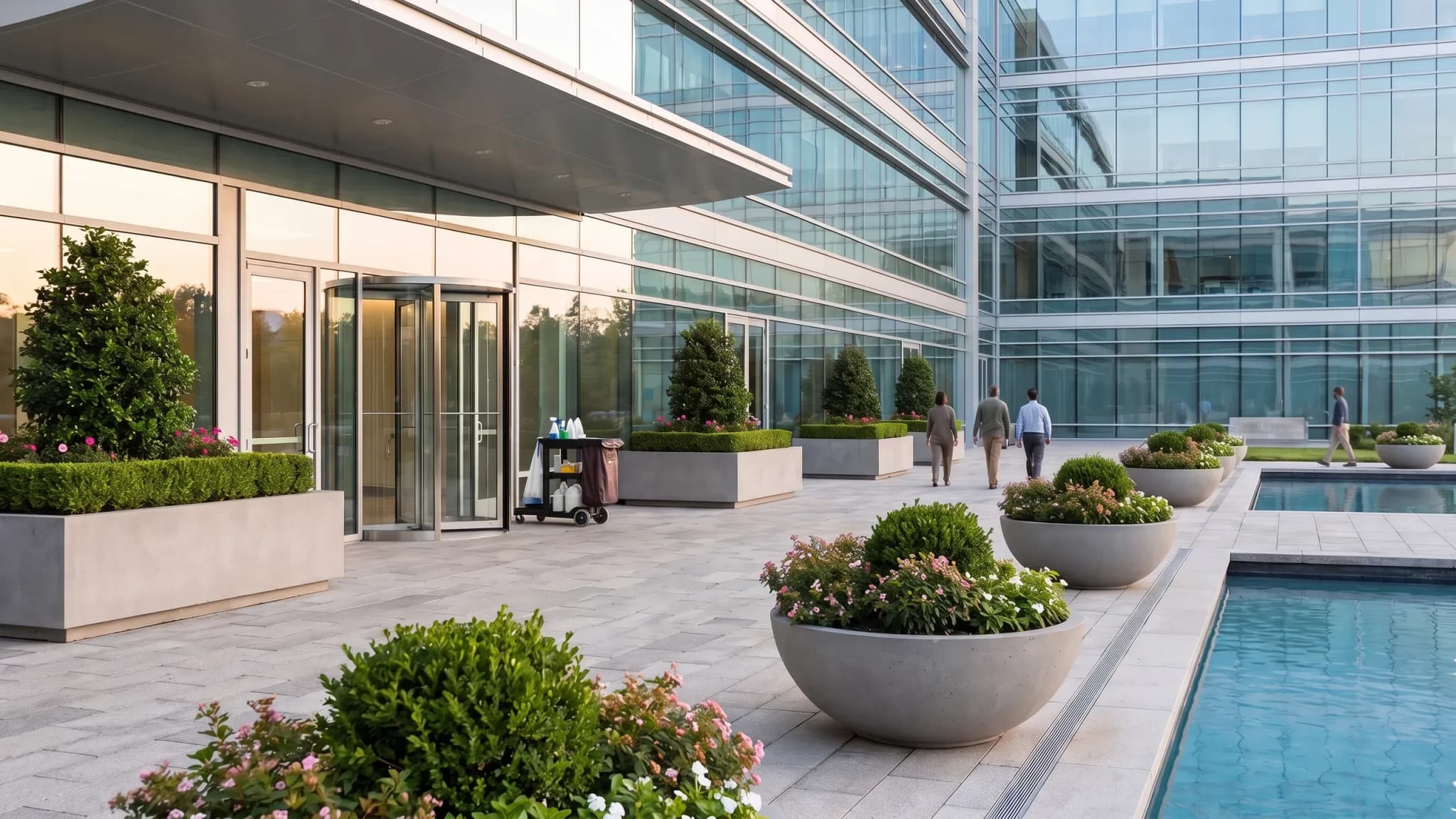 The exterior of a commercial building lobby