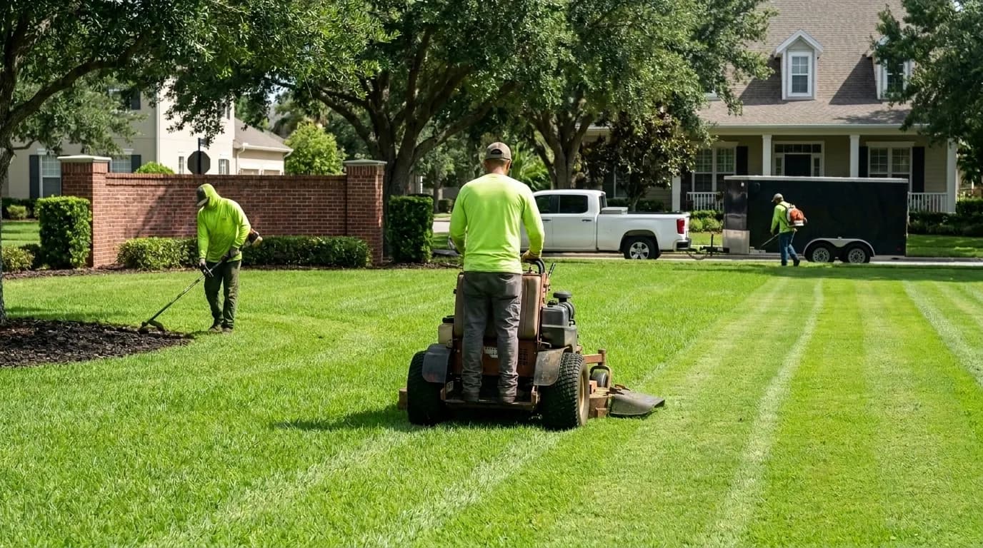 A landscaping crew at work on a master-planned community common green: one operator mowing stripes on a stand-on mower, others edging a mulch bed and loading a trailer.