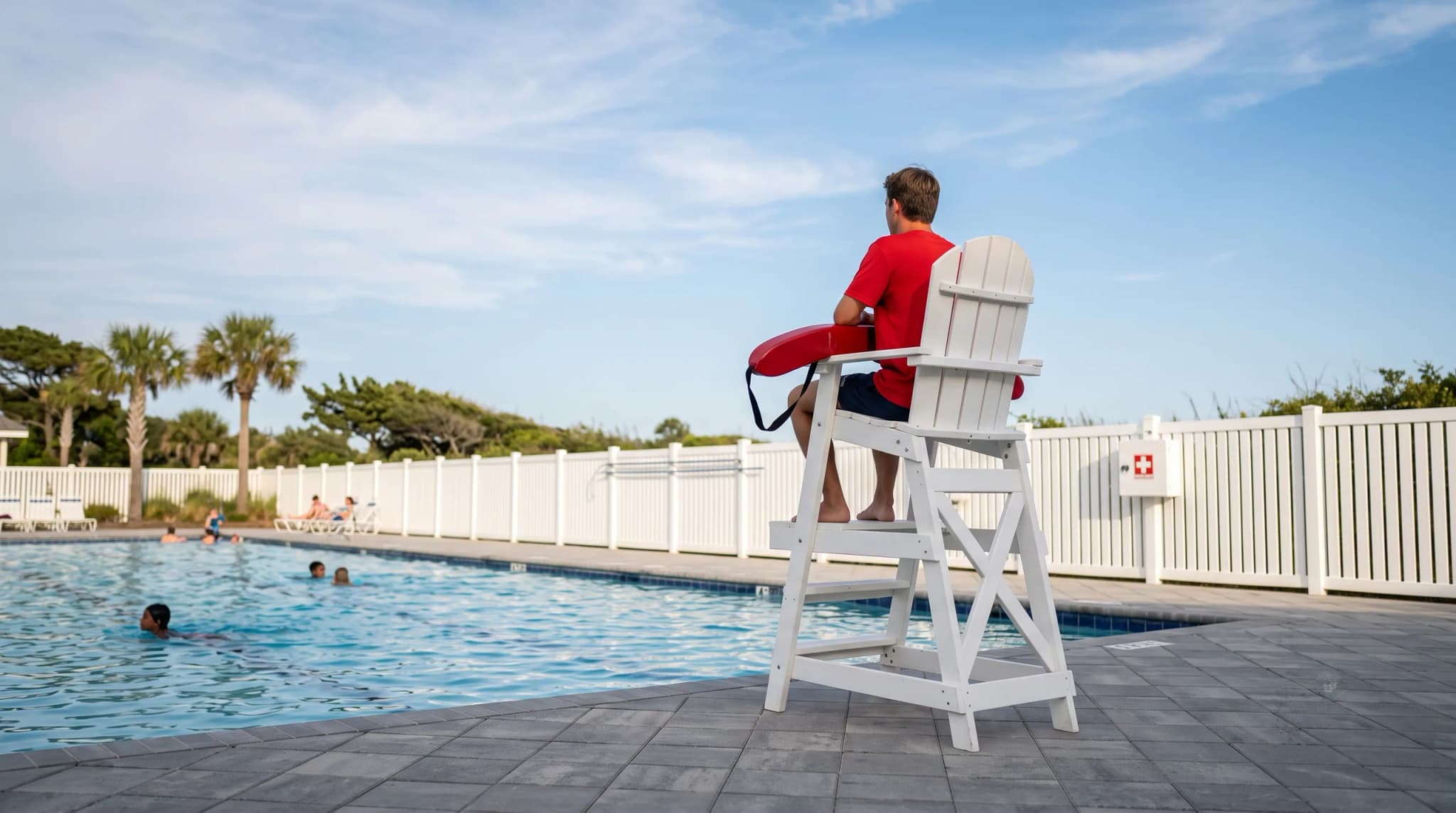 A lifeguard stand at a community pool.