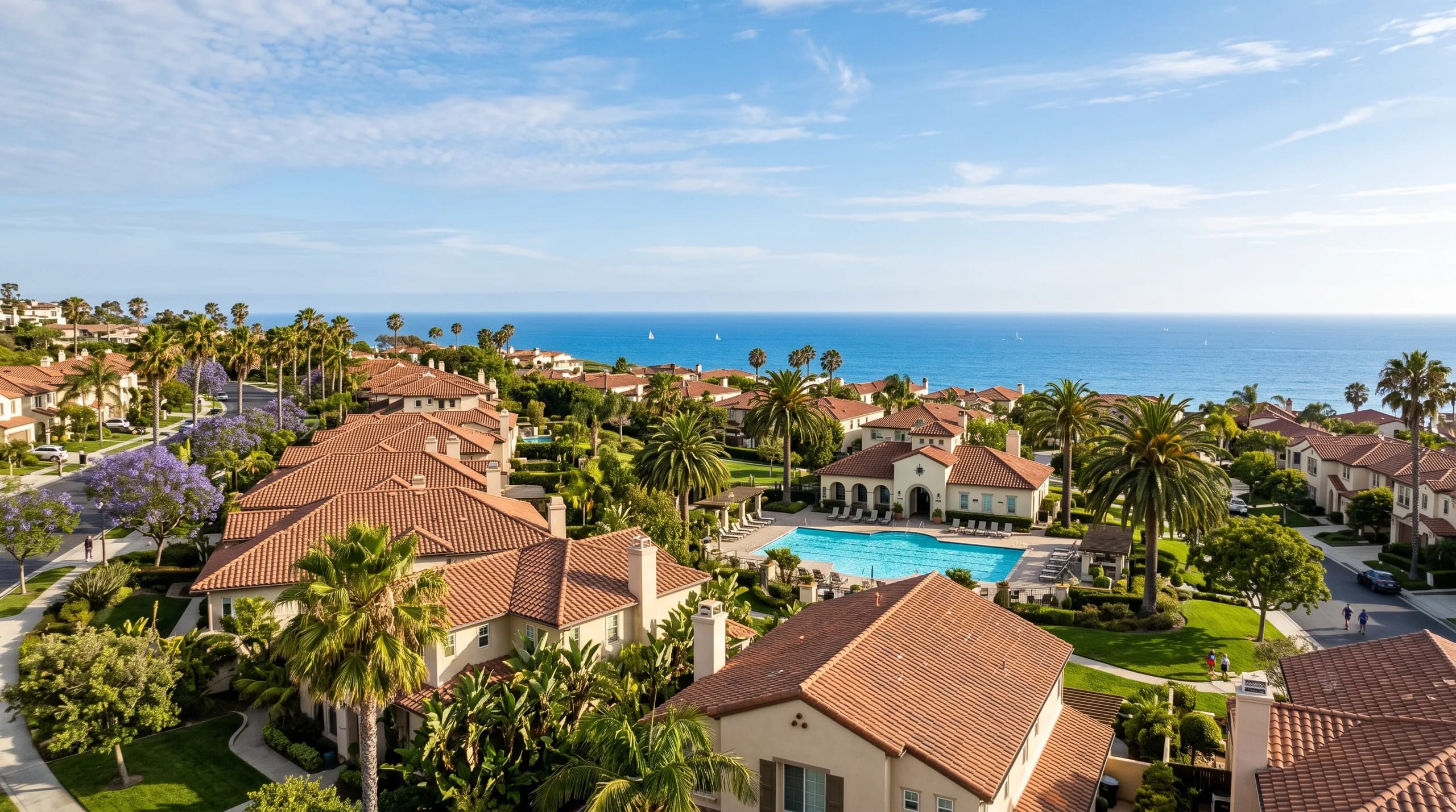 Aerial of a coastal community of tile-roof homes: palms and flowering jacaranda, a community lap pool and cabana on a lawn, residents walking the paths, open ocean beyond.
