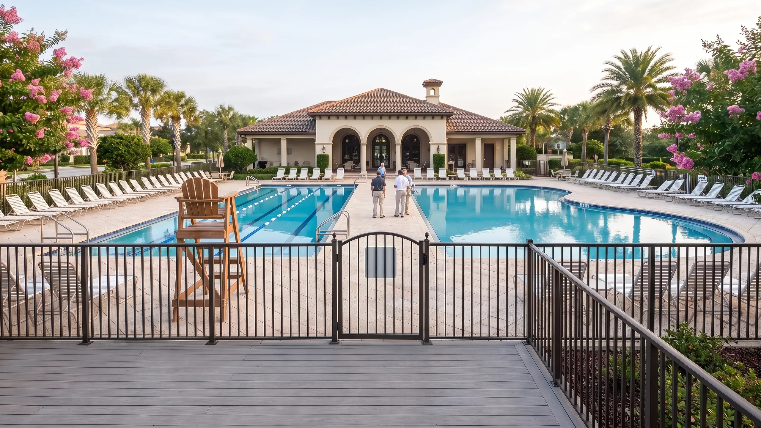 A large community amenity-center pool at 8am: clubhouse with a covered loggia, lap pool beside a free-form leisure pool, a pool-safety fence with a self-closing gate, empty white loungers and an unoccupied lifeguard stand.
