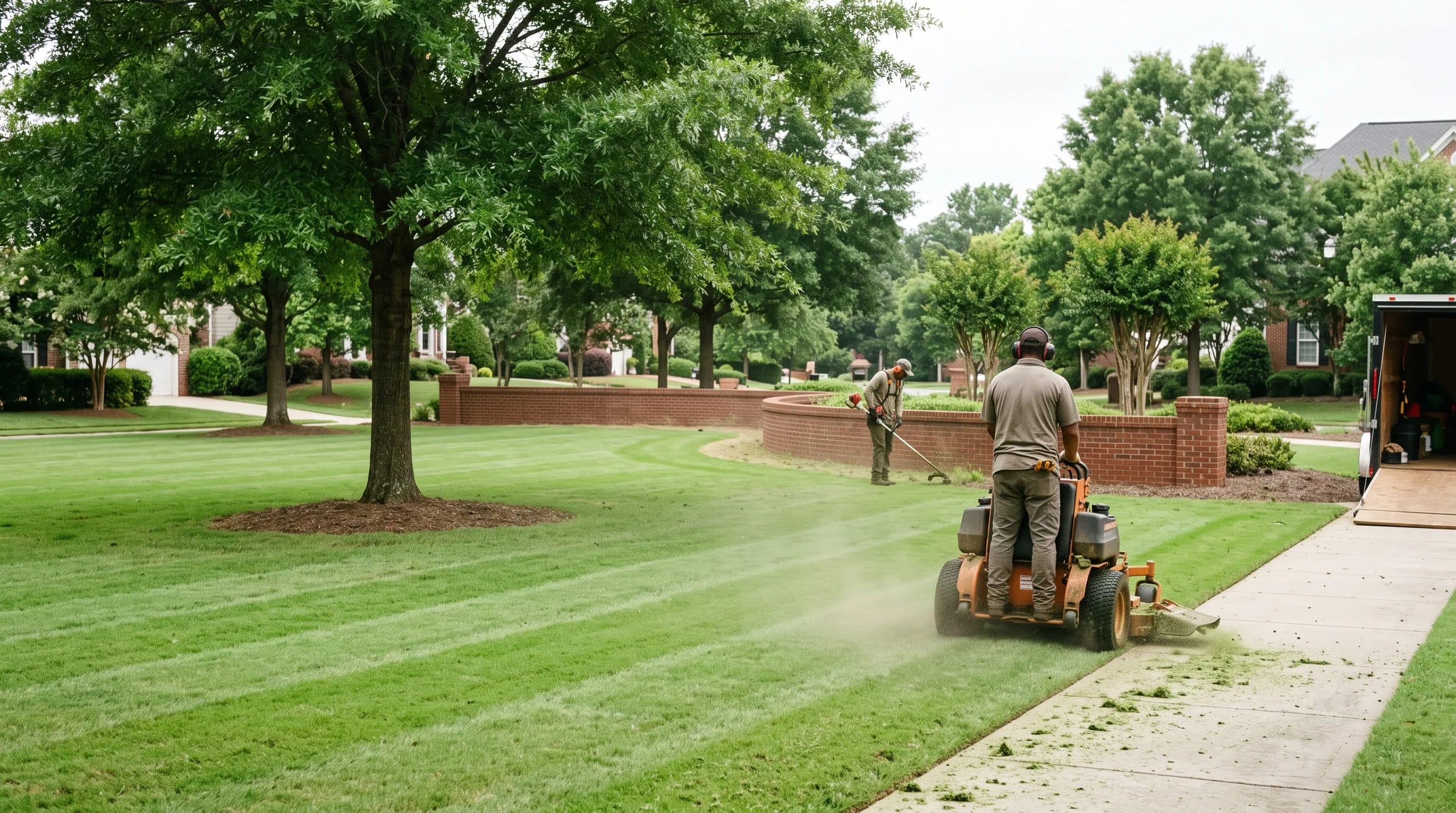 Two landscapers mowing and string-trimming a community common area, backs to camera, work truck and trailer parked behind.