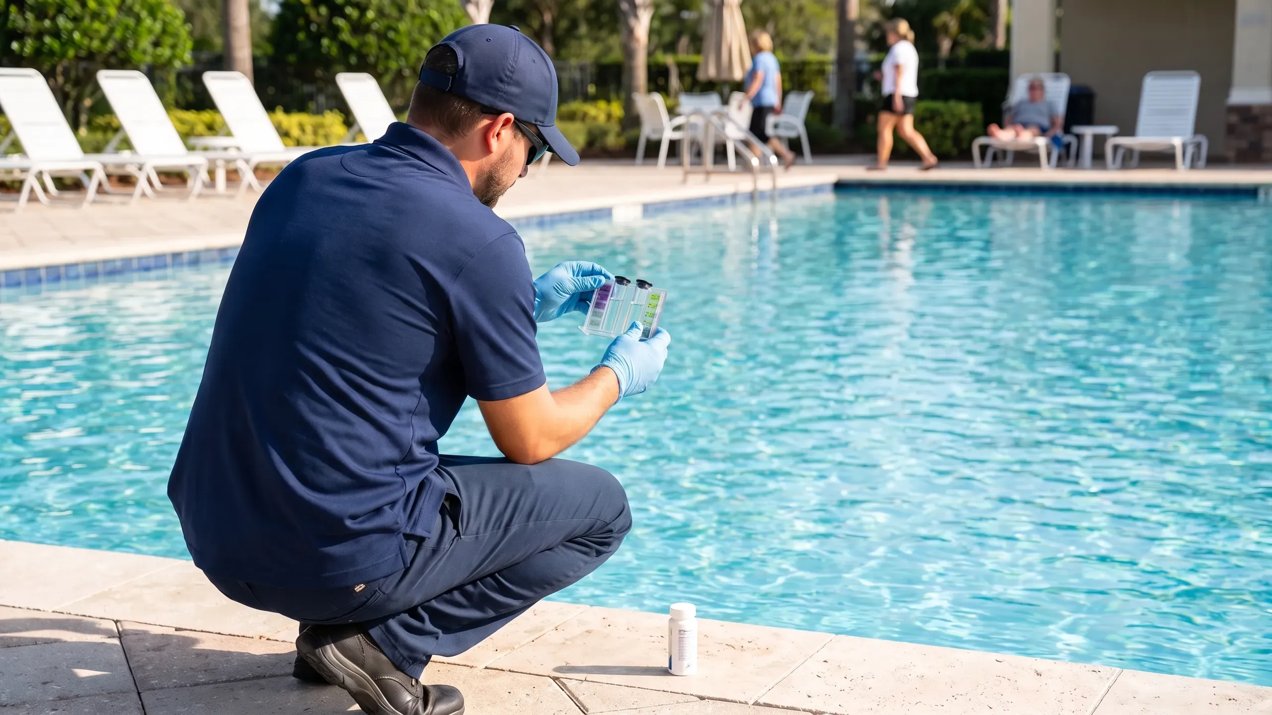 A pool technician in a navy polo and cap crouches at the pool edge, seen from behind, holding a two-chamber test kit up to read the colour of a water sample.