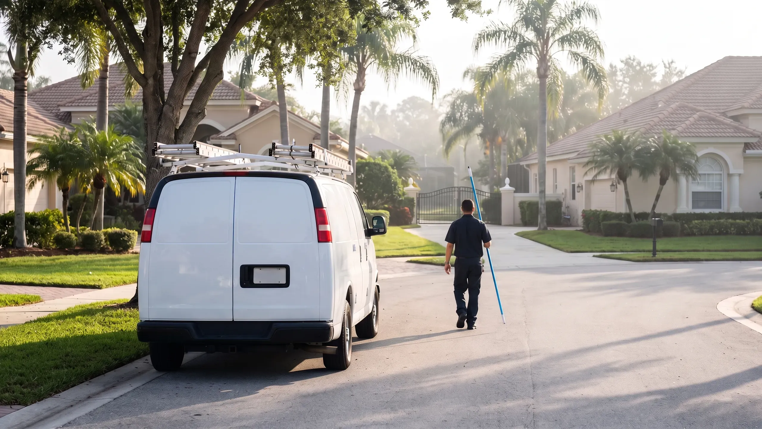 A plain white service van with a ladder rack parked on a misty residential street at dawn while a technician walks away carrying a pool pole toward a gated drive.