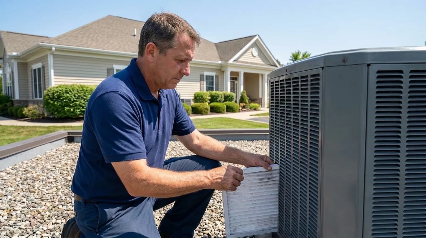 An HVAC technician changing an air filter at a clubhouse