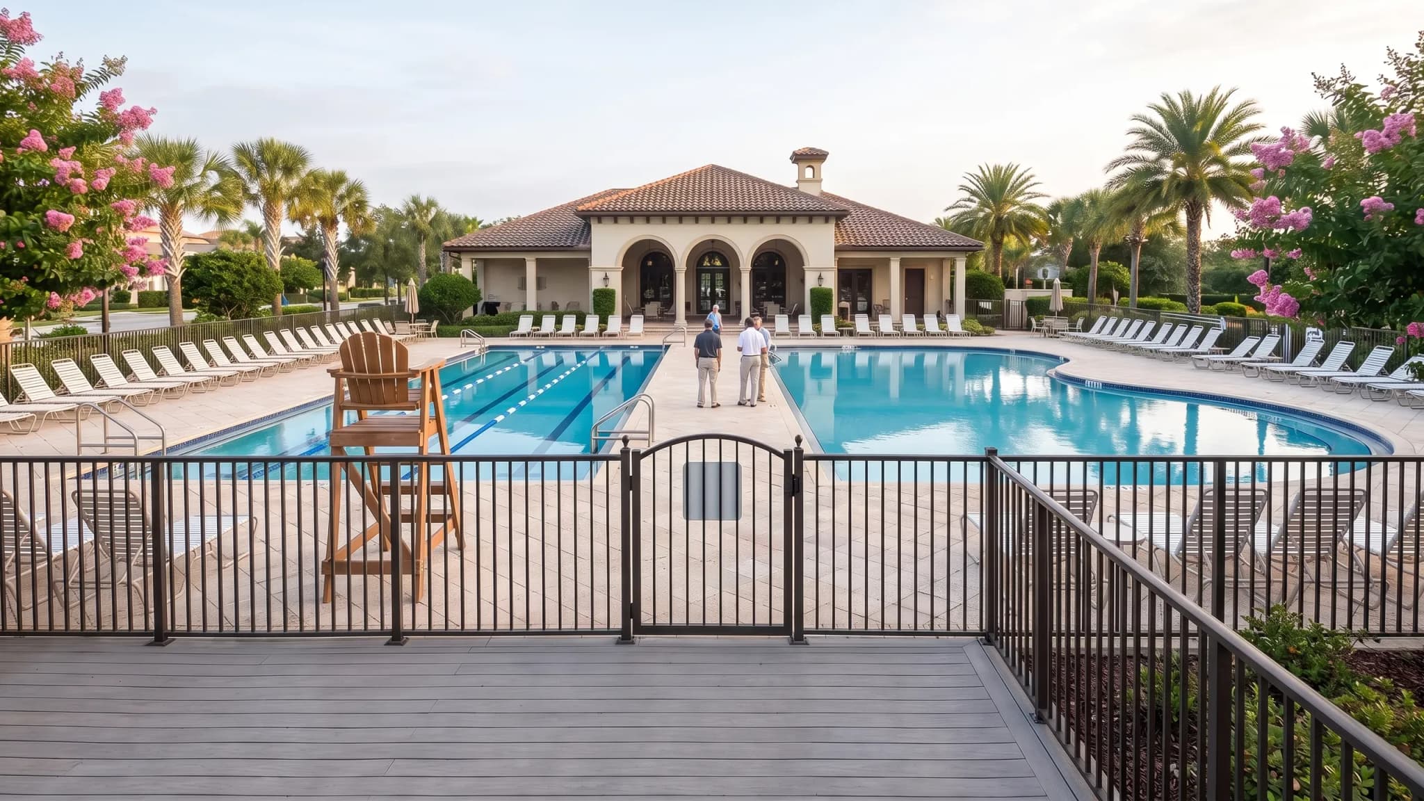 A large community amenity-center pool at 8am: clubhouse with a covered loggia, lap pool beside a free-form leisure pool, a pool-safety fence with a self-closing gate, empty white loungers and an unoccupied lifeguard stand.