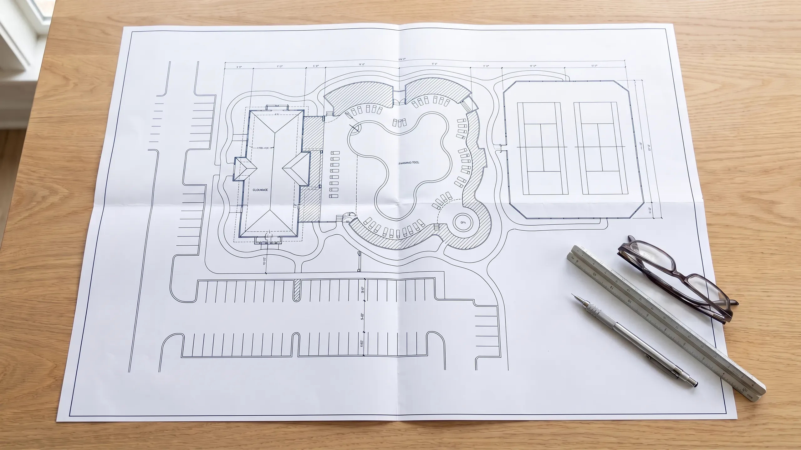 A printed site plan of a community amenity centre laid flat on an oak table: clubhouse, pool and spa, tennis courts and parking, with a scale ruler and glasses.
