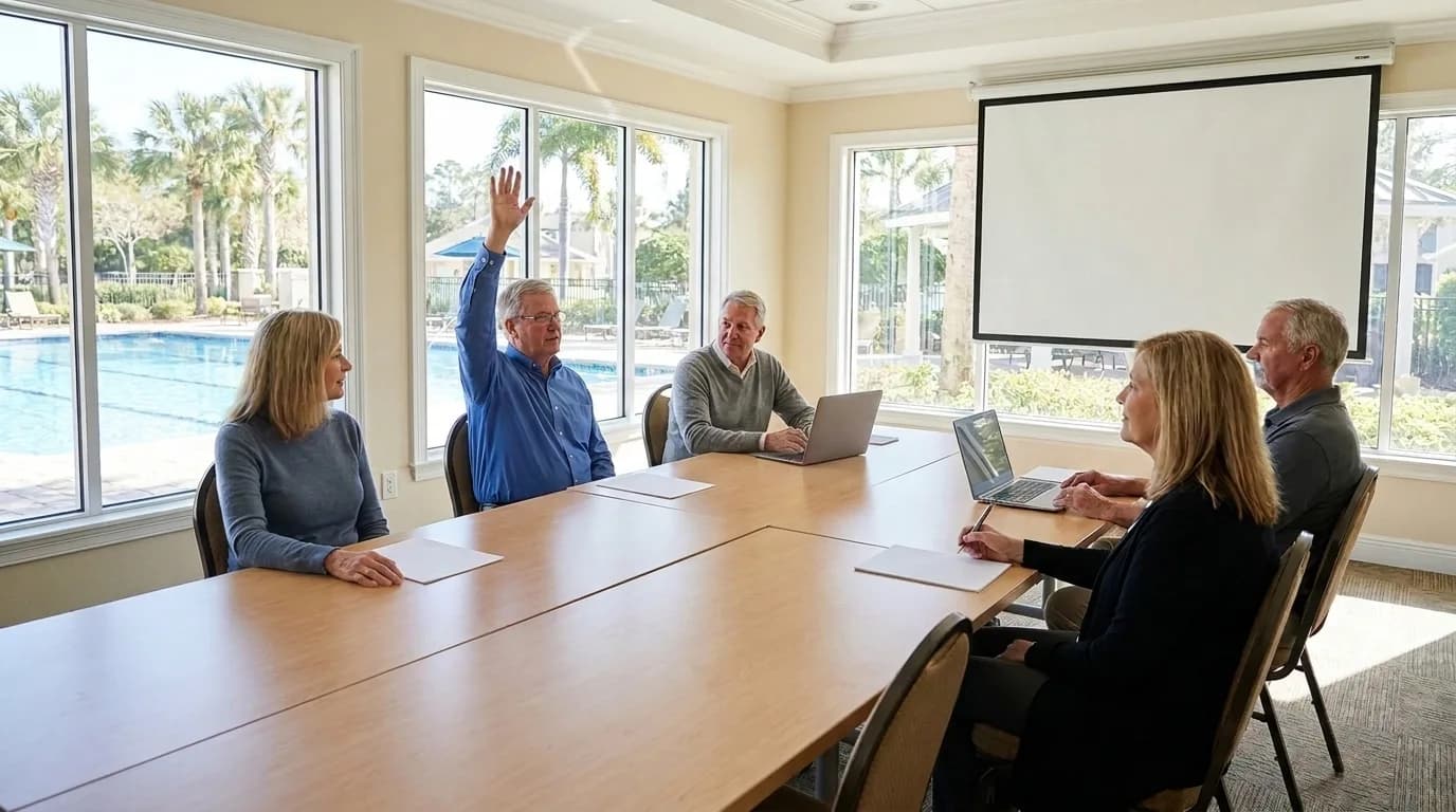 Five board members around one long table in a bright clubhouse room, one raising a hand to vote, with a clear blue pool visible through the windows.