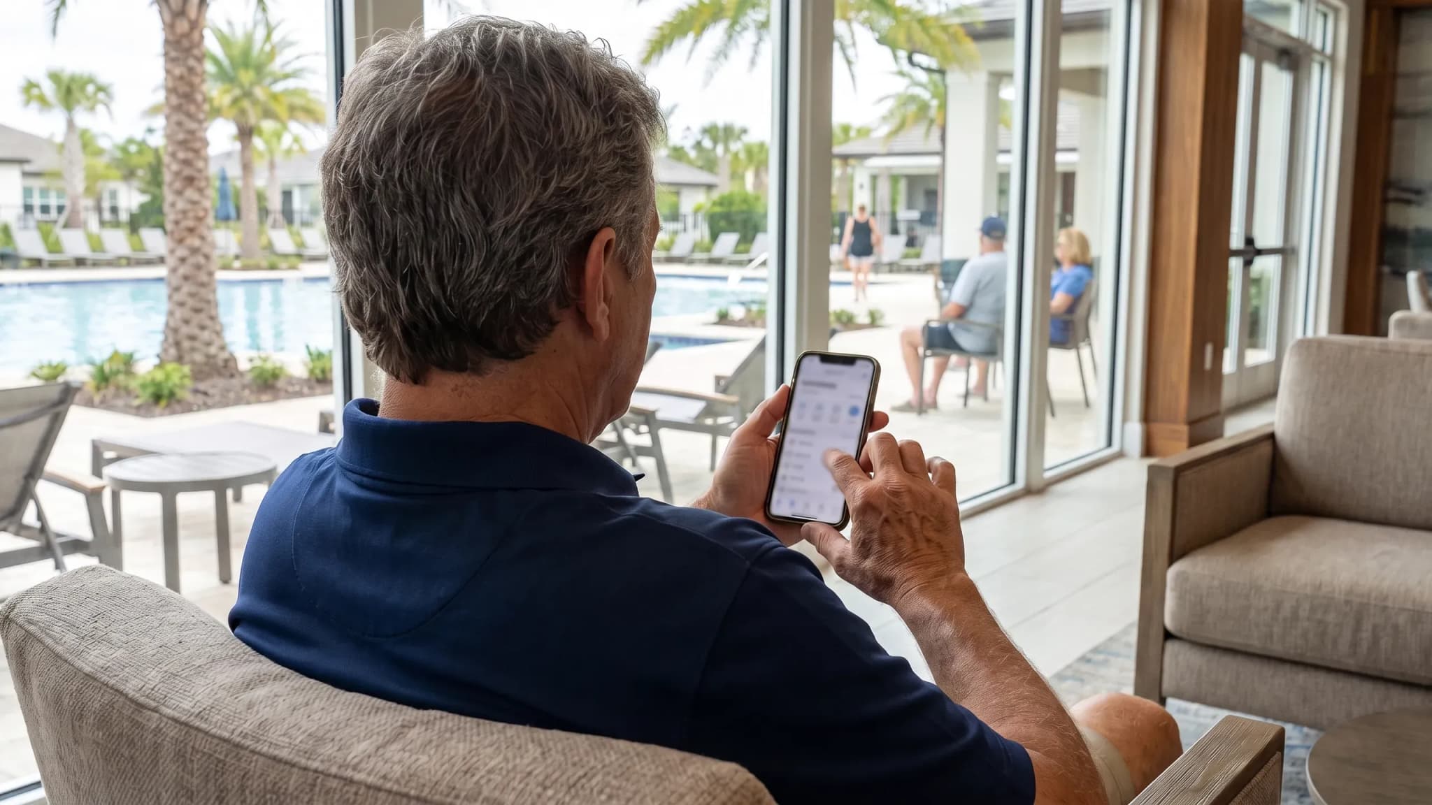 A board member in a clubhouse lounge chair seen from behind holds a phone showing a blurred ballot, the community pool and palms through floor-to-ceiling windows.