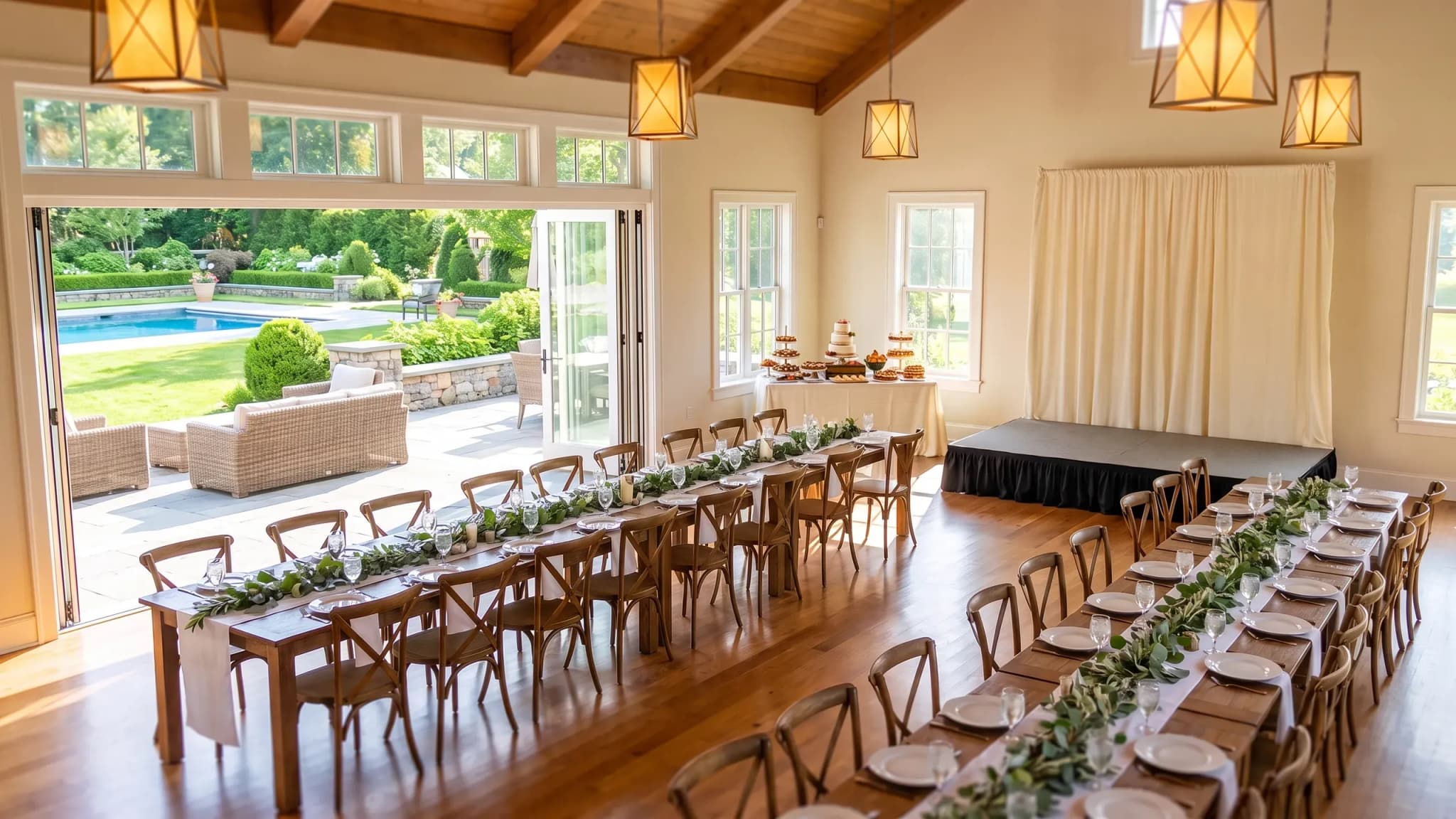 A clubhouse event room set for a community gathering
