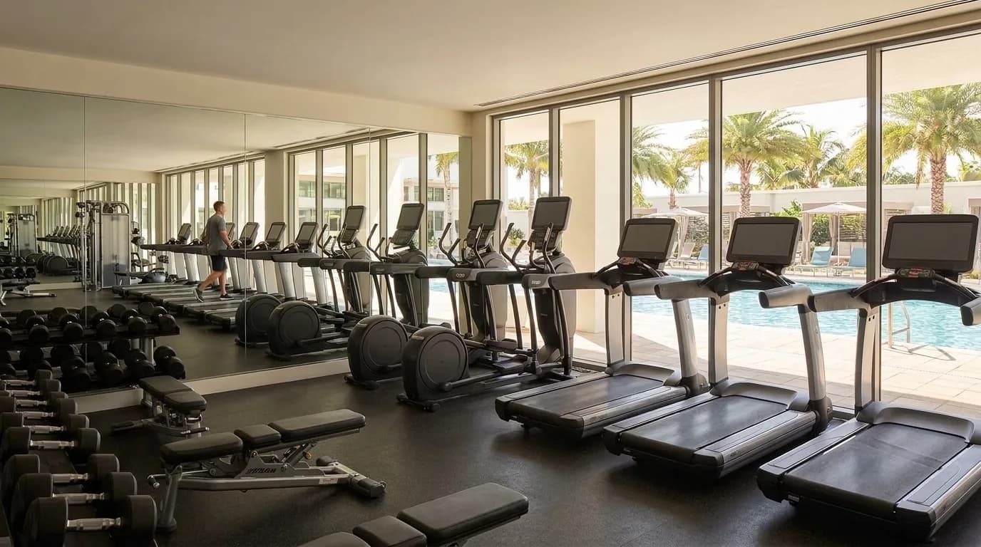 A bright clubhouse fitness room with treadmills and weights.