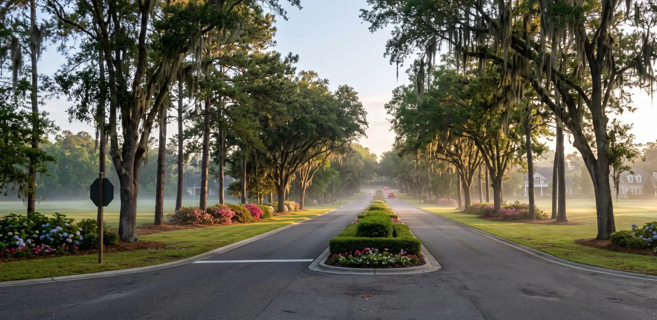 A live-oak boulevard into a community, a clipped hedge and flower median down the center, morning mist behind.