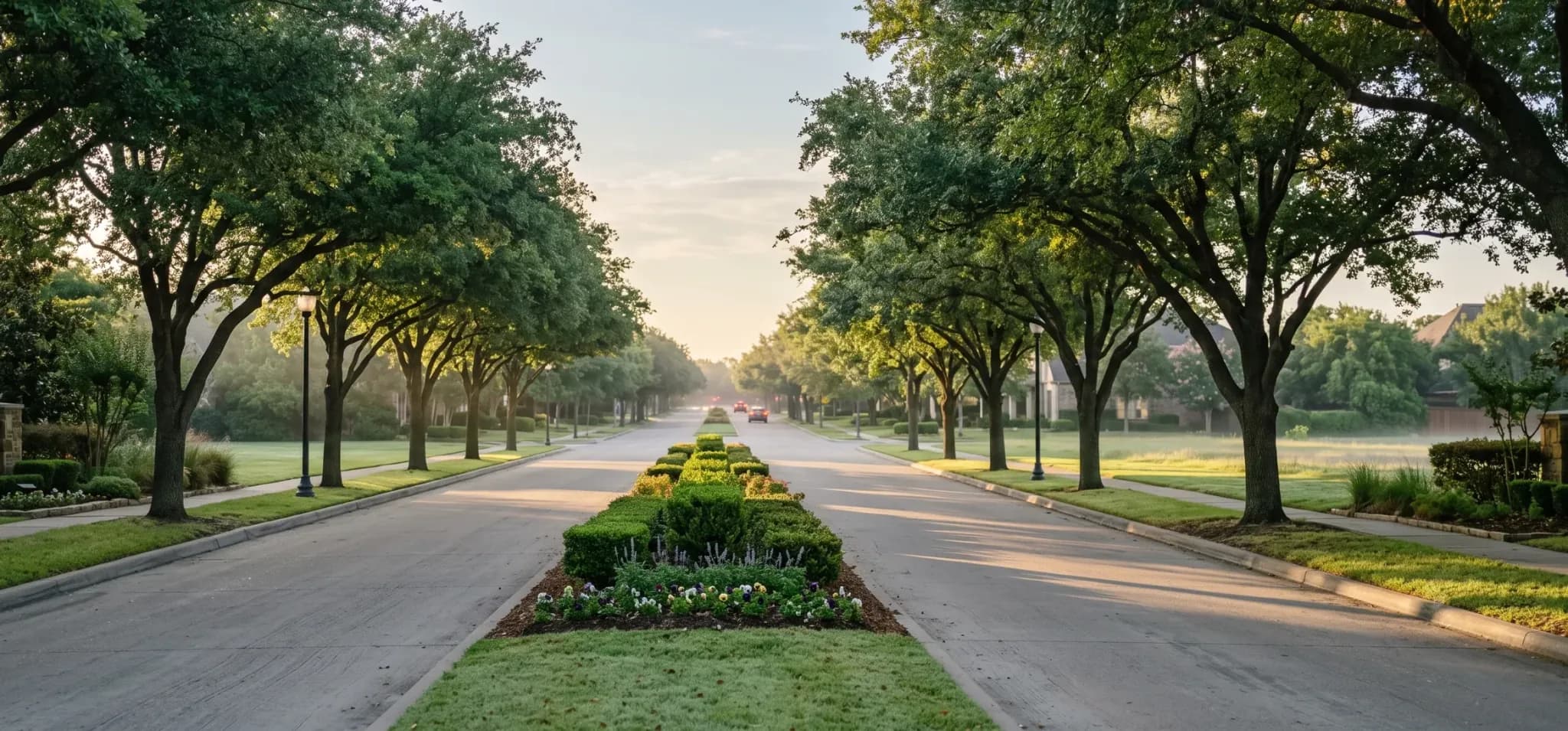 A divided residential entrance avenue at first light: a boxwood-and-pansy median between two carriageways, street lamps under mature oaks.