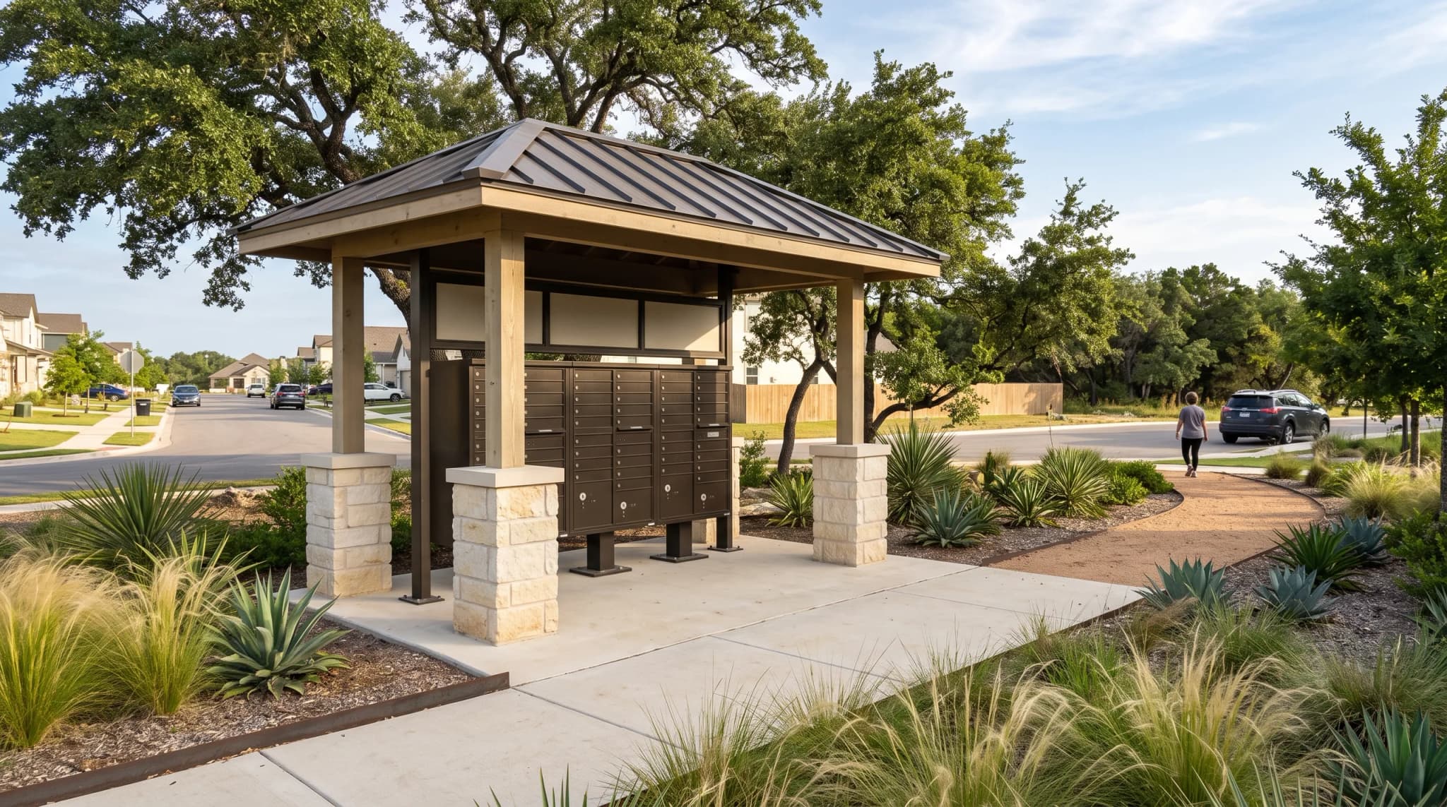A covered cluster-mailbox pavilion beside a community walk, planted beds either side.