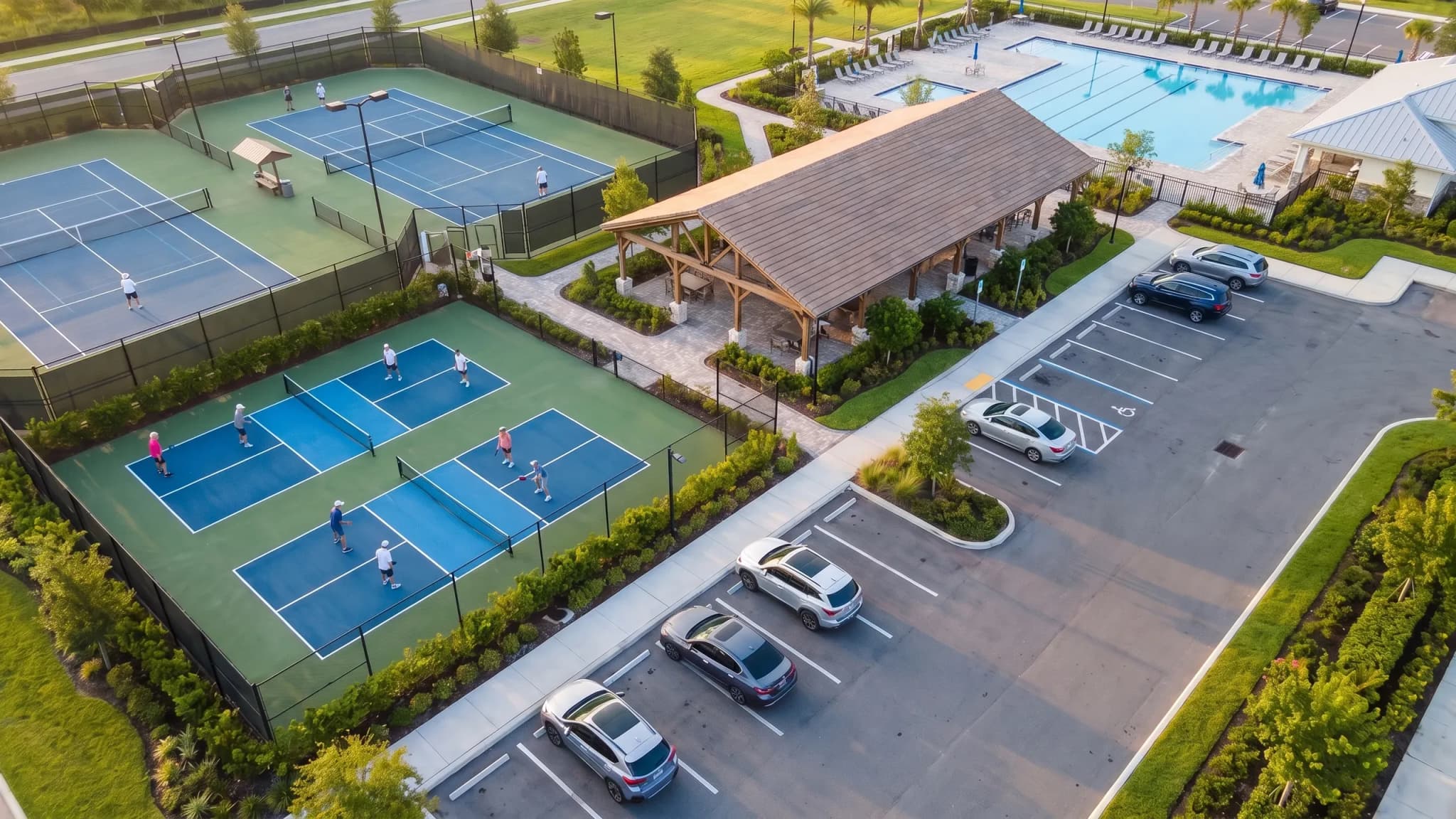 Pickleball and tennis courts at a community amenity center from a low drone, crisp line geometry, a shade pavilion, a parking lot with a few cars and the pool beyond, in morning light.