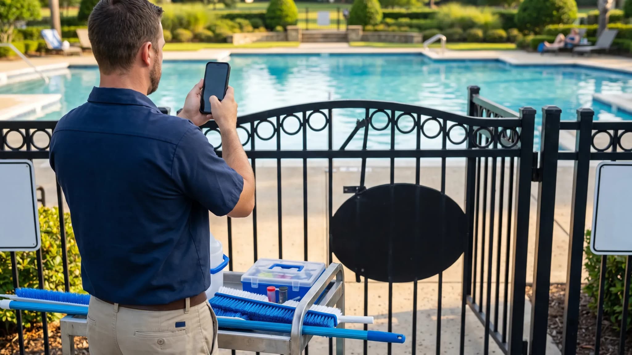 A pool technician at a community pool gate taking an arrival photo of the pool on his phone