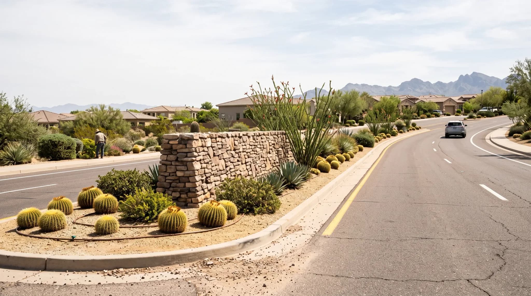 A desert-planted street median of agave, palo verde and decomposed granite; a landscaper works the bed at mid-distance, back to camera.