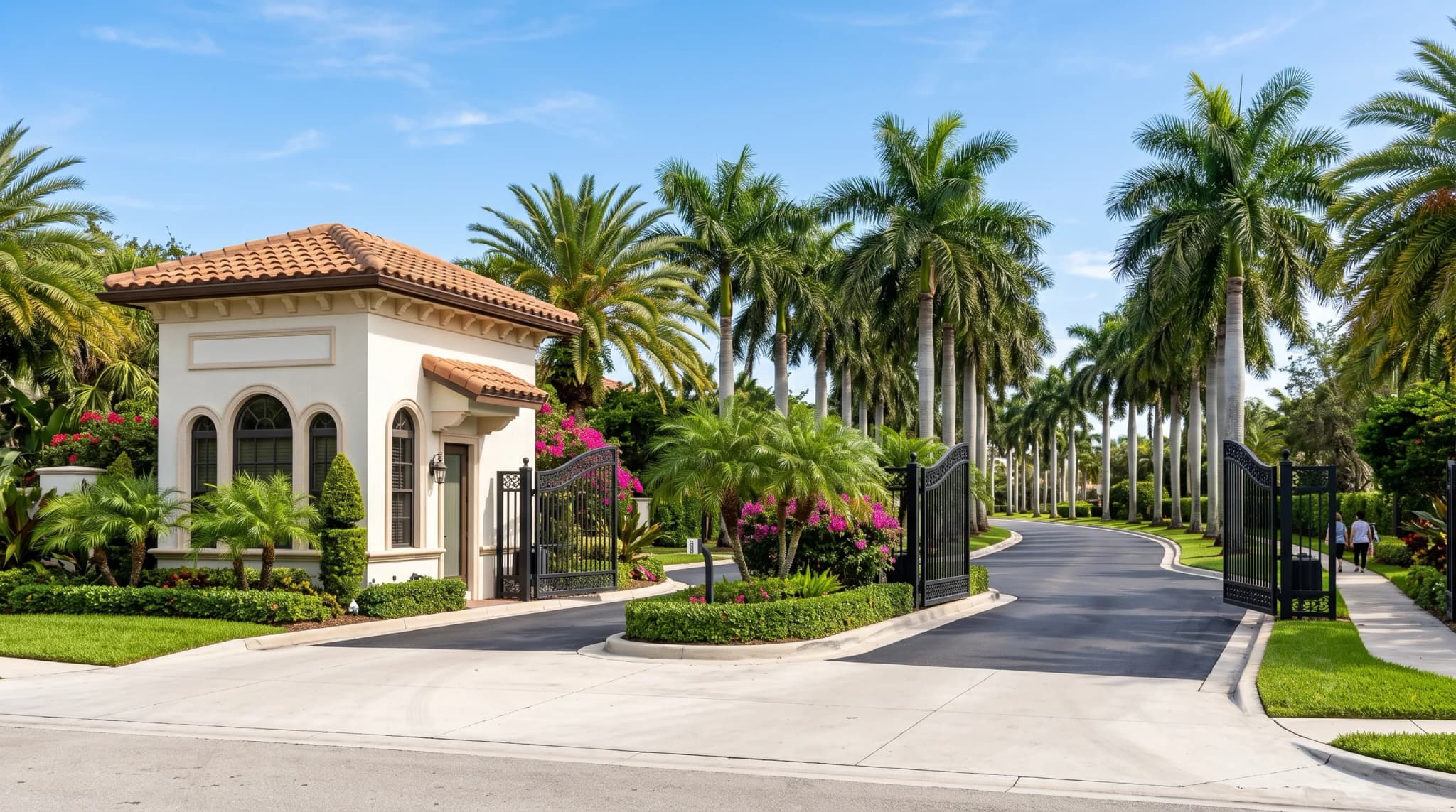A gatehouse and arm barrier at a community entrance, palms and planting either side. The name panel is blank.