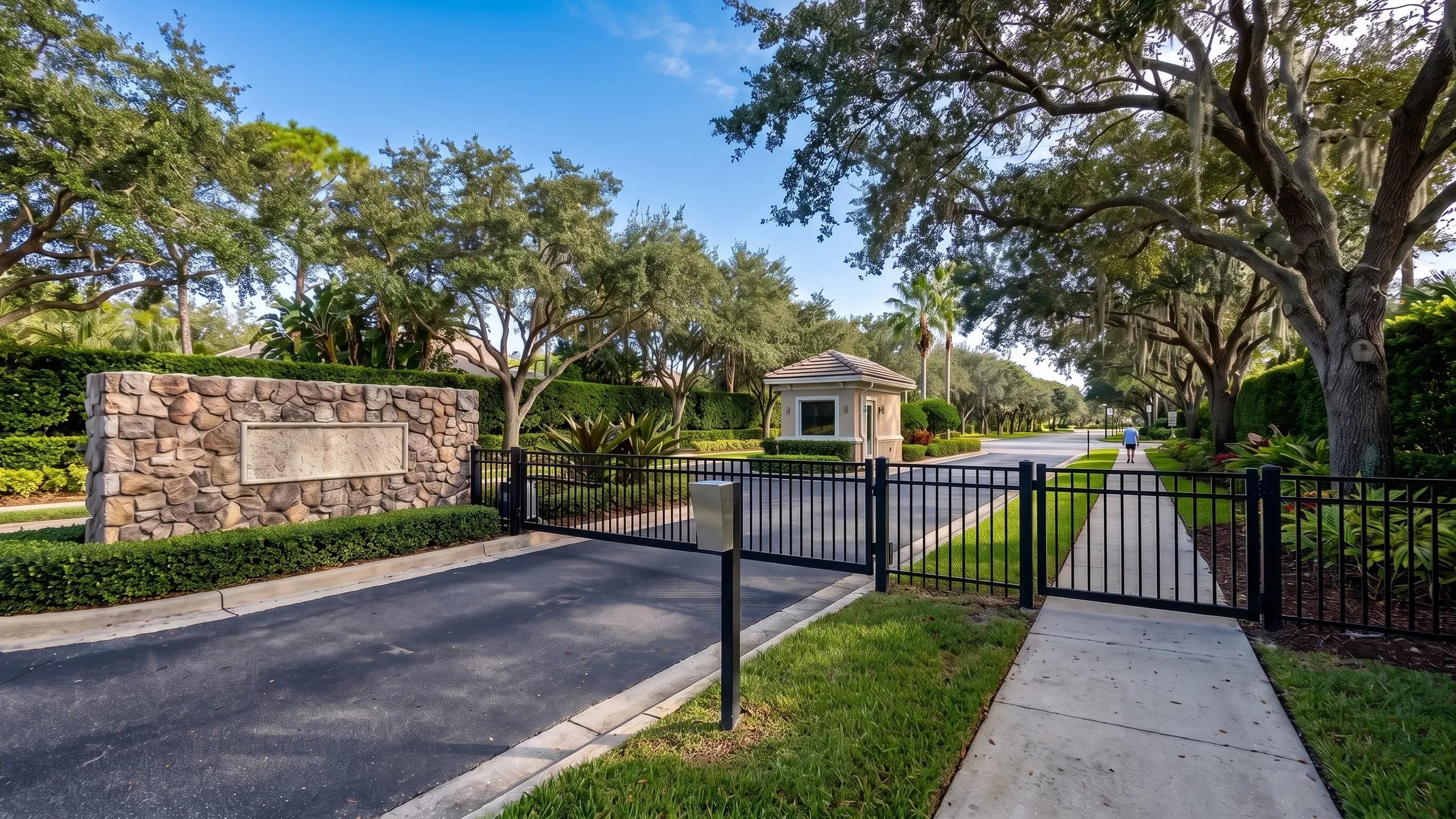 A stone community entrance monument, a vehicle gate with a keypad post and a separate pedestrian gate where the sidewalk crosses the black fence, with a guard house and live oaks.
