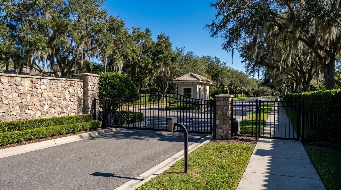 A gated community entrance with a stone wall, a vehicle gate and a separate pedestrian gate where the sidewalk passes through the black fence, under live oaks.