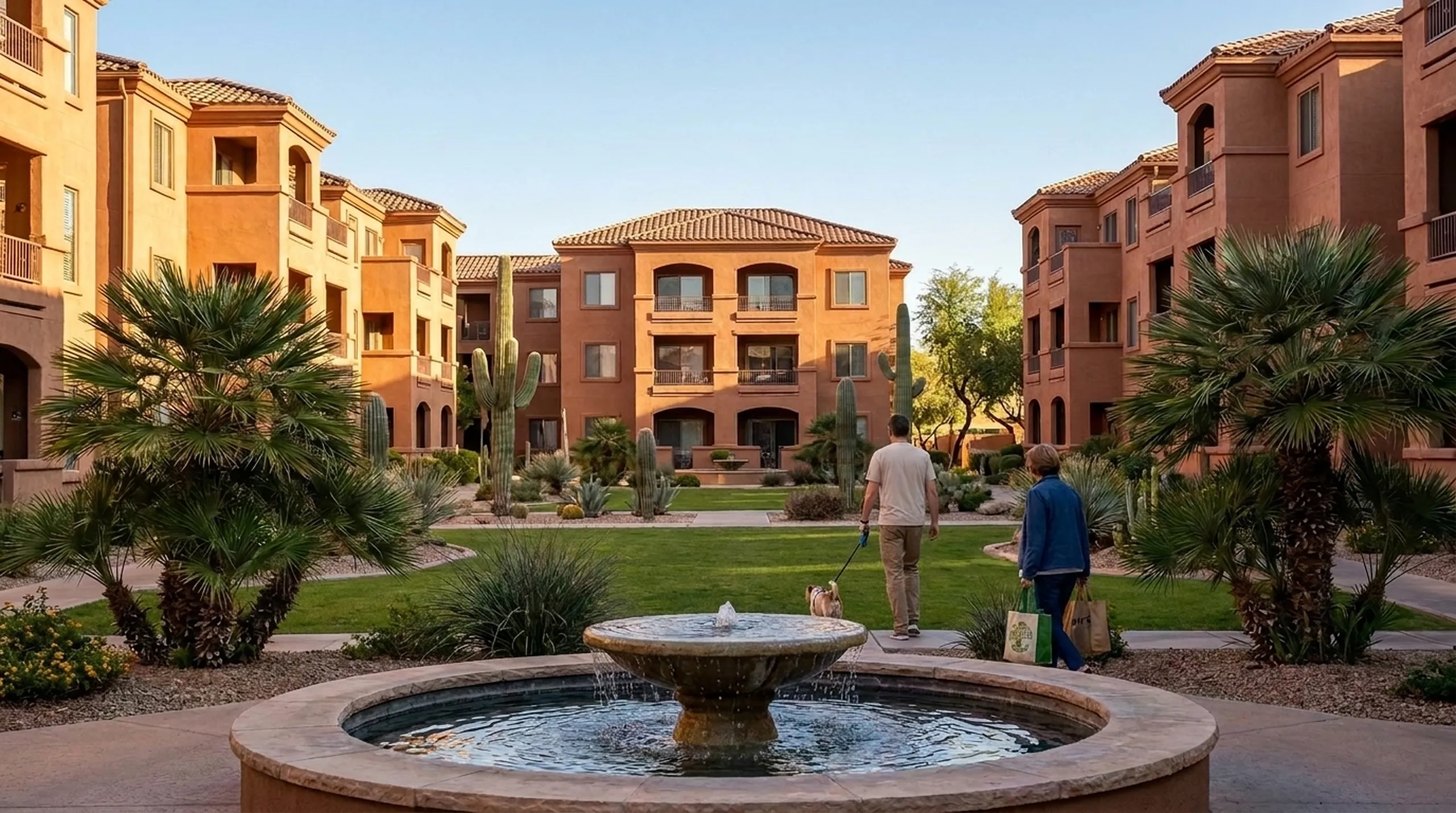 A mid-rise Mediterranean-style condominium courtyard with a stone fountain at the centre, three-storey buildings on both sides, palms and two residents walking far off.