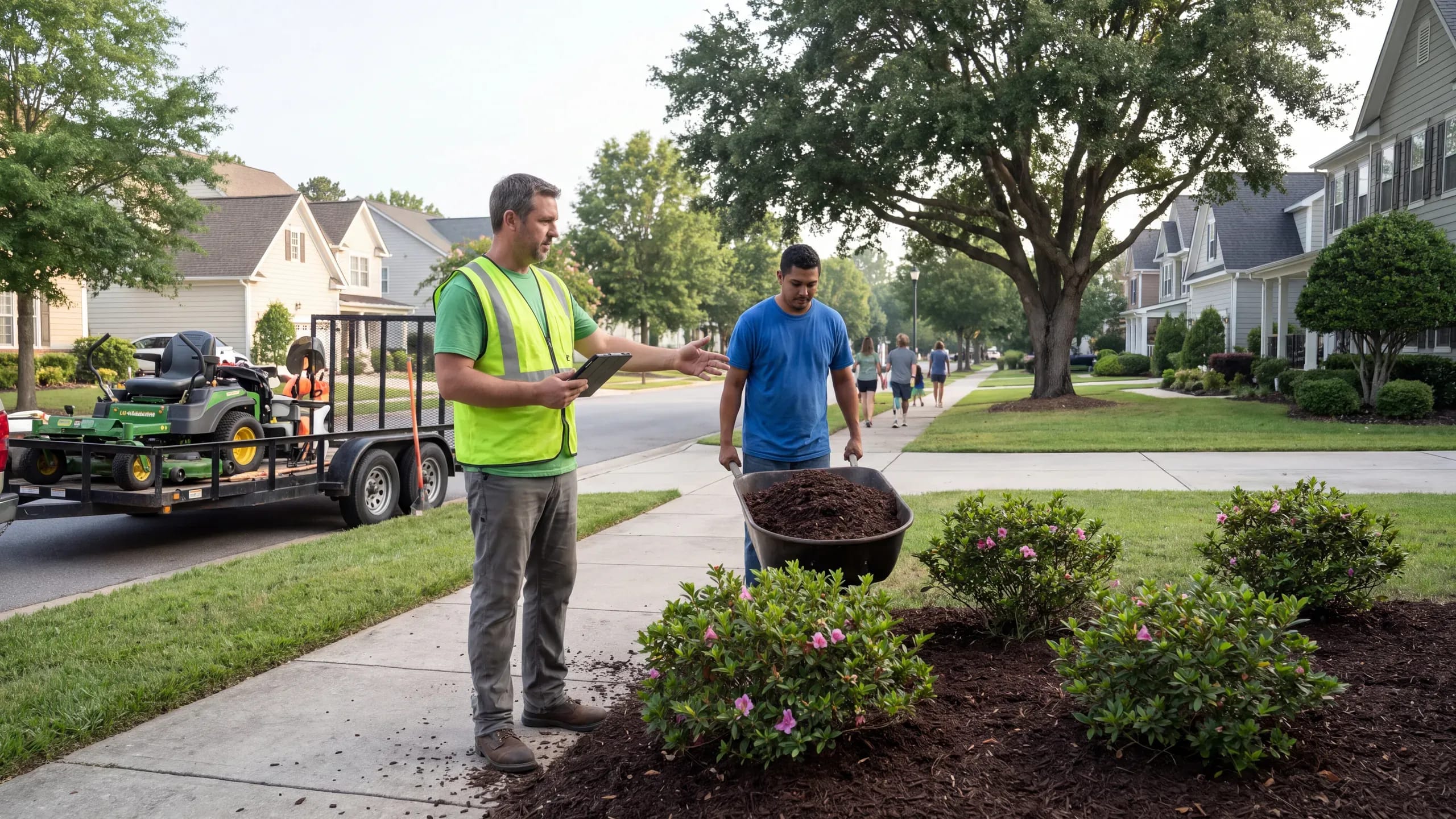 A landscaping crew lead in a hi-vis vest holds a tablet and talks with a worker who wheels dark mulch toward freshly trimmed shrubs along a community sidewalk, a mower on a trailer behind them.