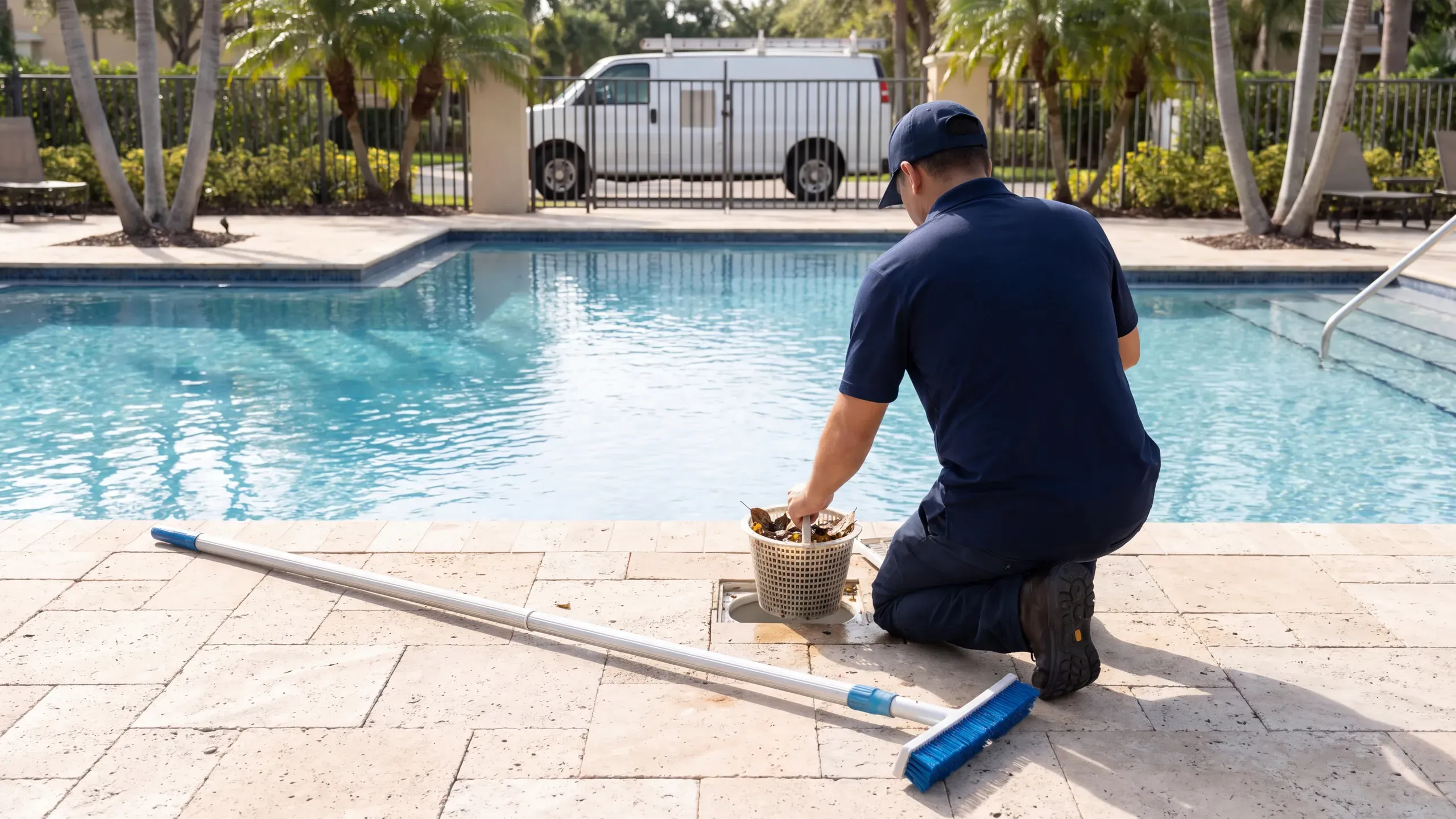 A pool service technician in a navy polo kneels on travertine decking and empties a skimmer basket of leaves, a telescopic pole and a brush laid beside him, a clear pool in front and a white van beyond the gate.