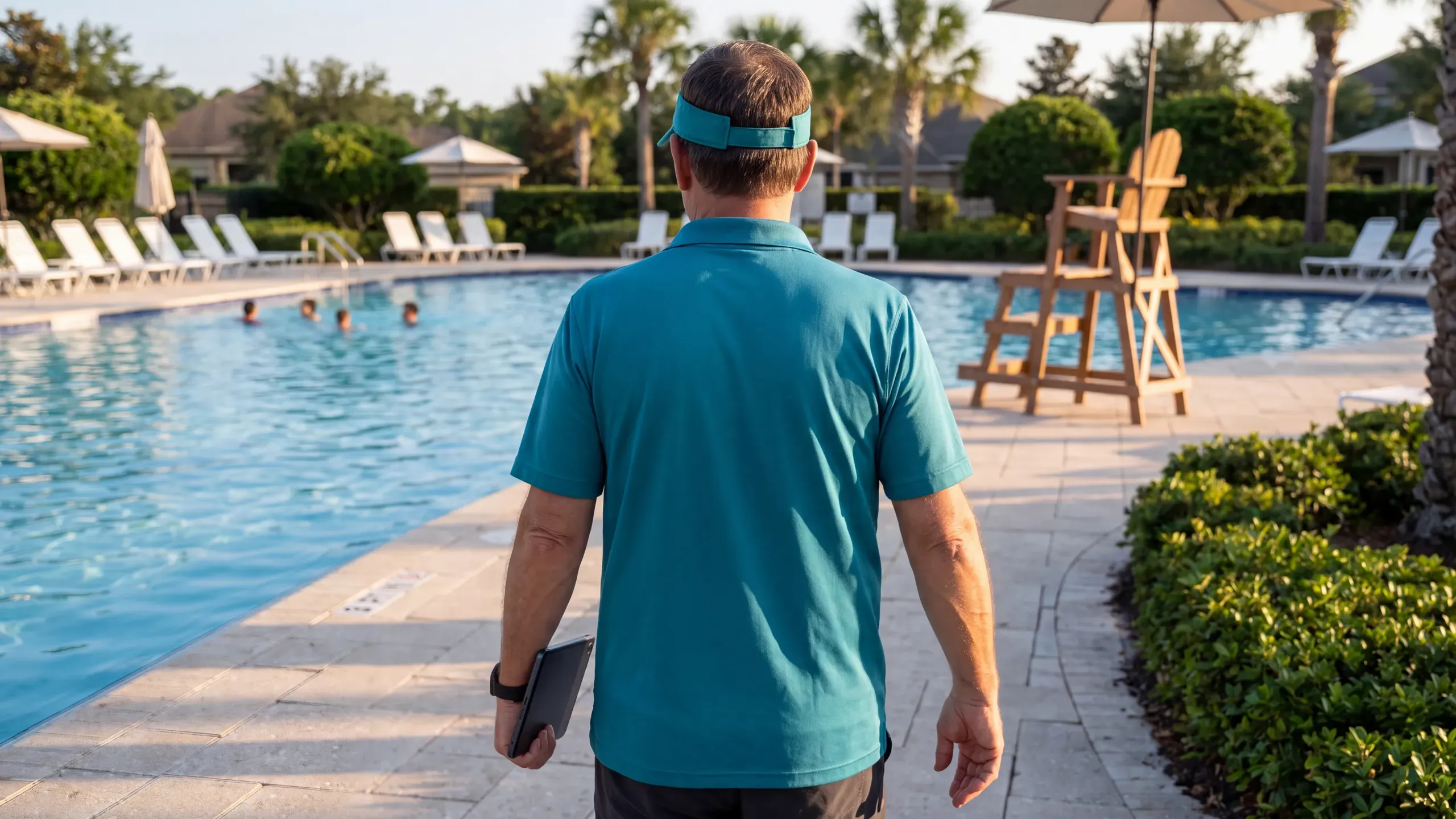 A pool monitor in a teal polo and visor walks the deck of a quiet community pool on his round, seen from behind with a small tablet at his side, white loungers set out and a few swimmers in the water.