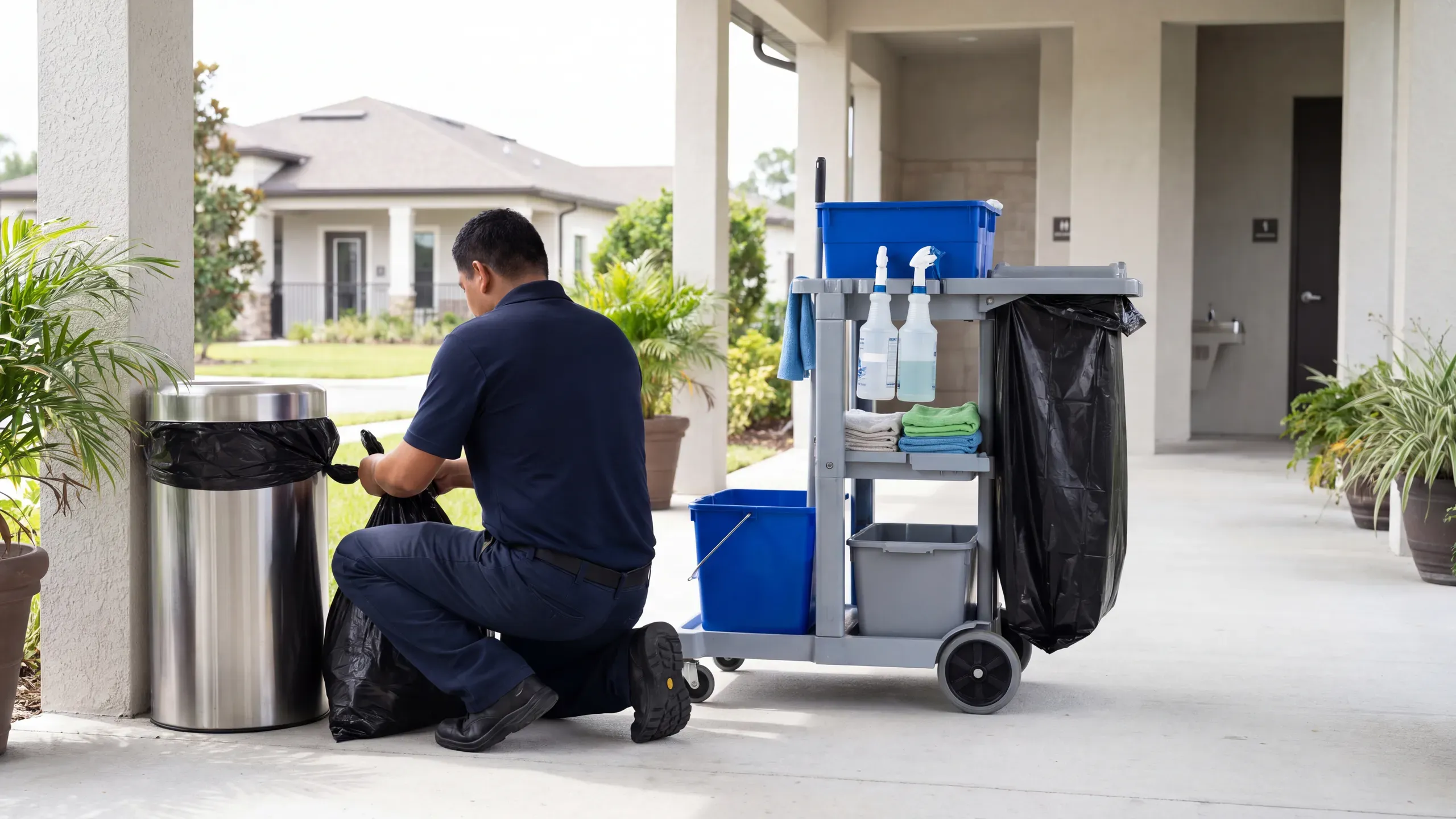 A day porter in a dark navy polo kneels to tie off a fresh liner in a steel trash receptacle on a clean breezeway, a janitorial cart with spray bottles, folded cloths and a blue tote beside him.
