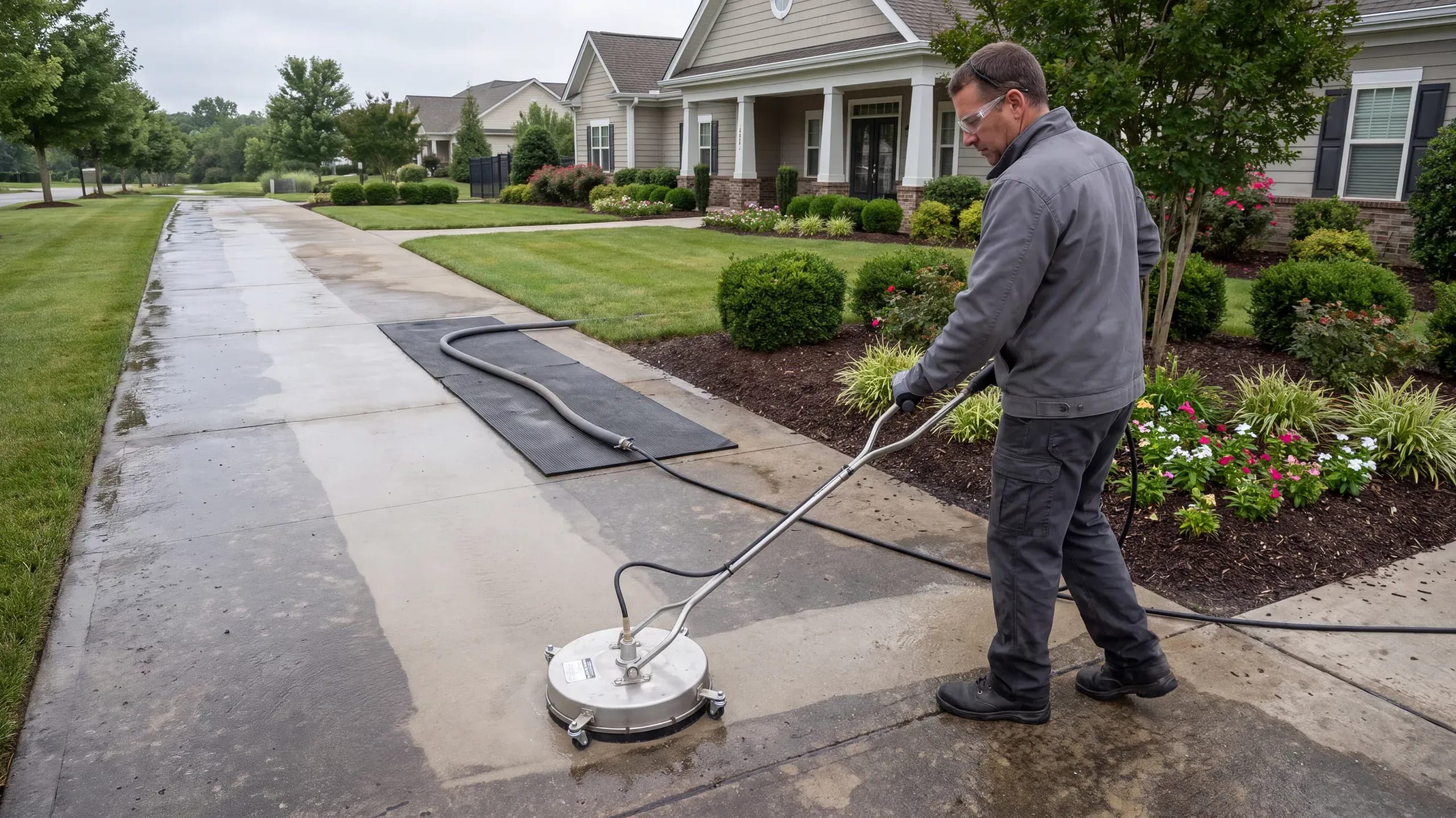 A pressure-washing technician in grey work clothes and safety glasses cleans a concrete walkway with a surface-cleaner disc, a clean stripe beside the wet grey slab, a reclaim mat and hose beside him and landscaped clubhouse grounds behind.