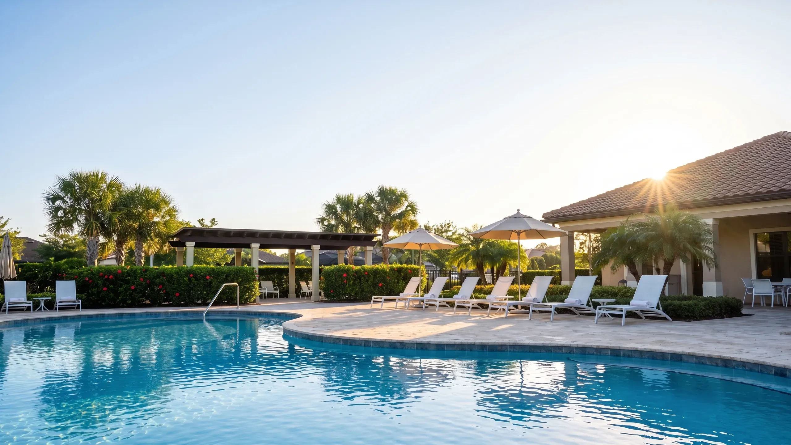 A resort-style community pool at sunrise with clear blue water, a curved travertine deck, a line of white loungers and a pavilion, with open sky across the top left and no people.