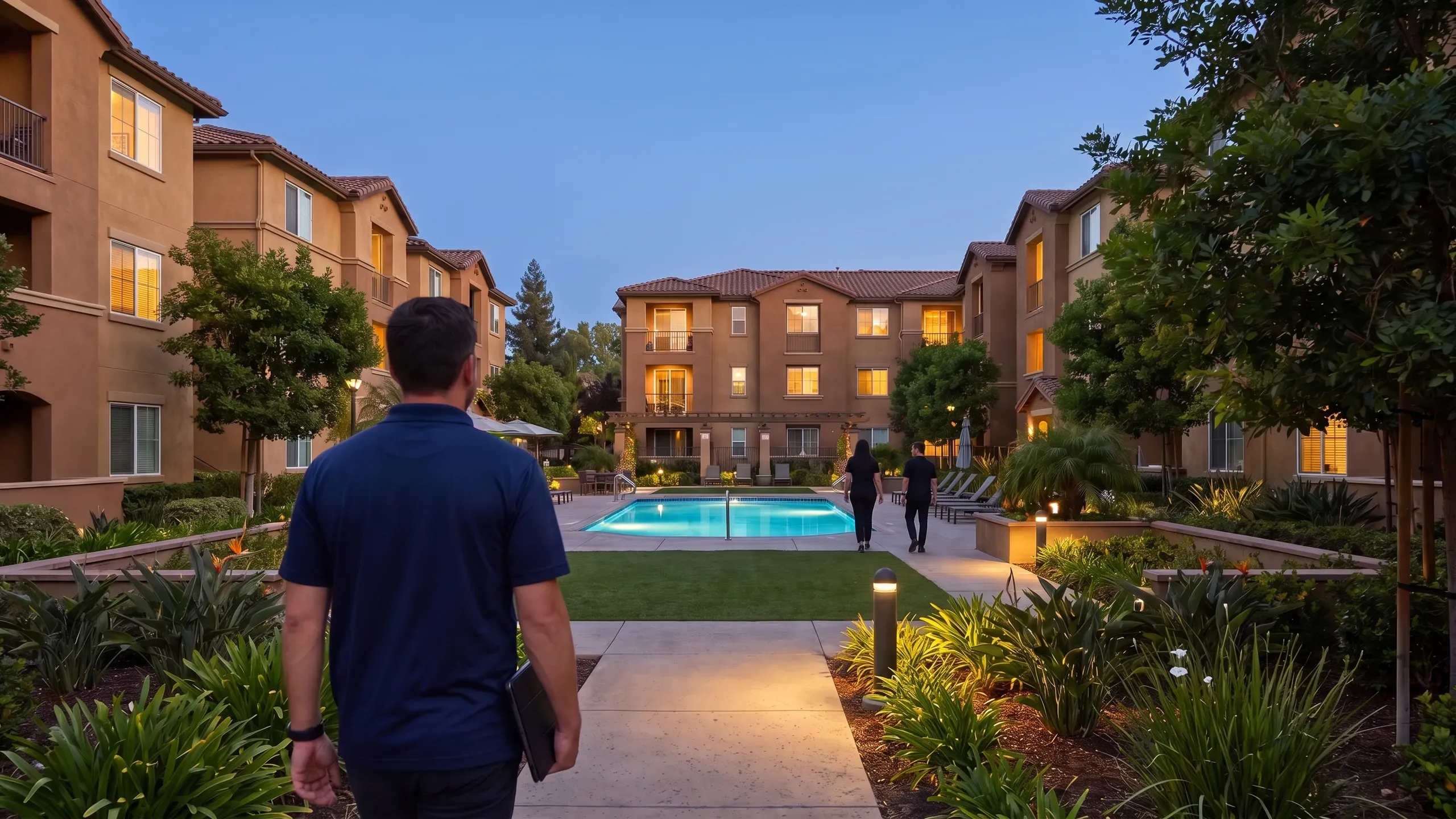 A property manager seen from behind walking a lit apartment courtyard path toward the pool at dusk.