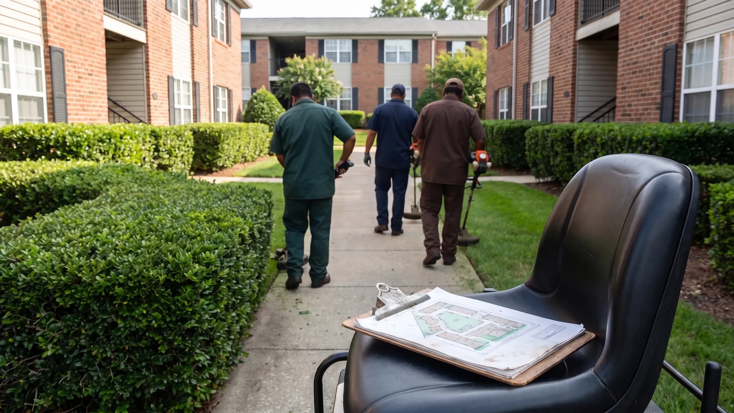A landscaping crew edging a lawn between apartment buildings, with a site map on a clipboard on a mower seat.