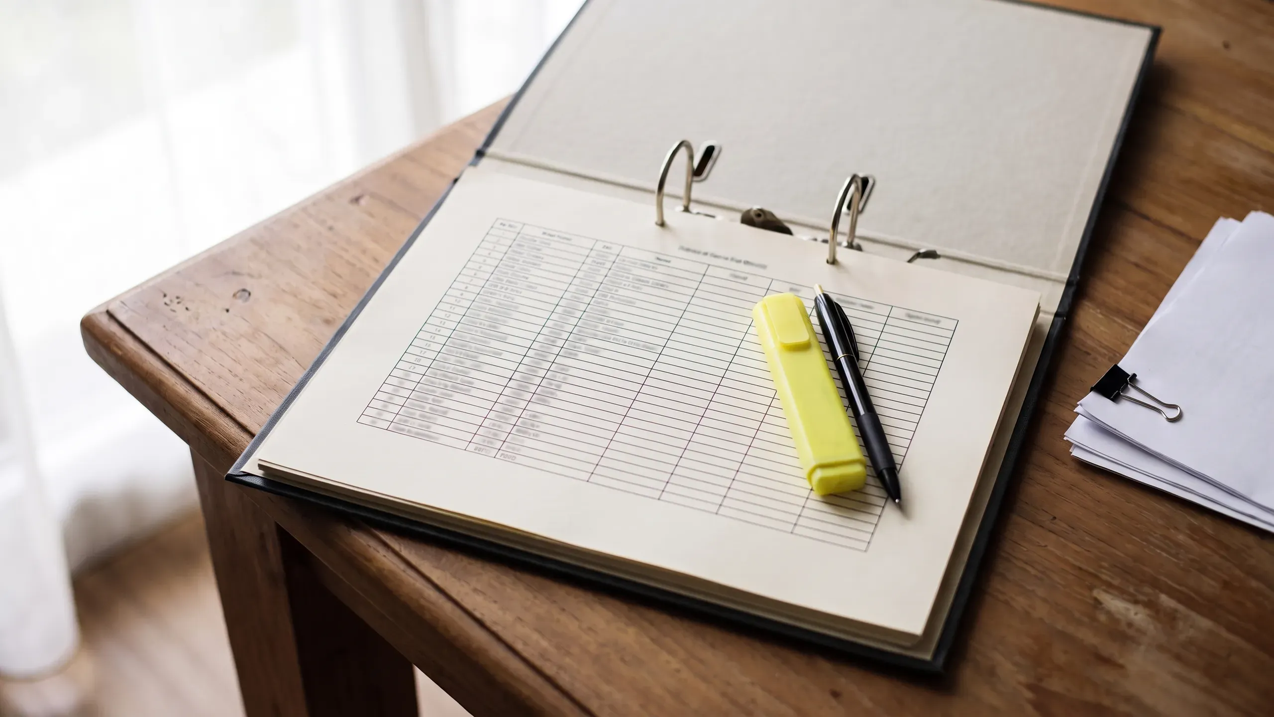 A binder open to a ruled insurance requirements table with a highlighter and a pen.