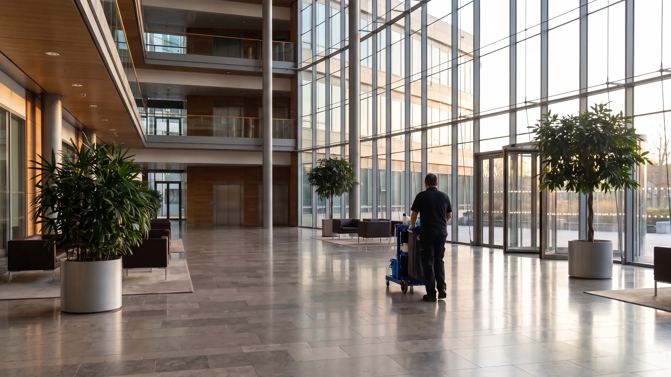 A porter pushing a cleaning cart across a glass-walled office lobby at dawn.