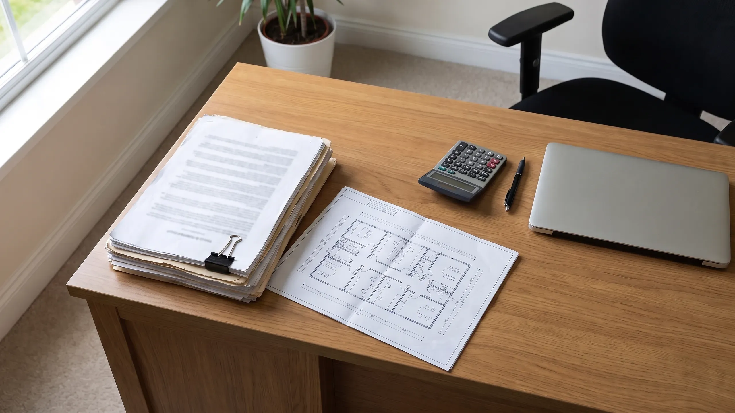 A stapled RFP, an office floor plan, a calculator and a pen on an office desk.