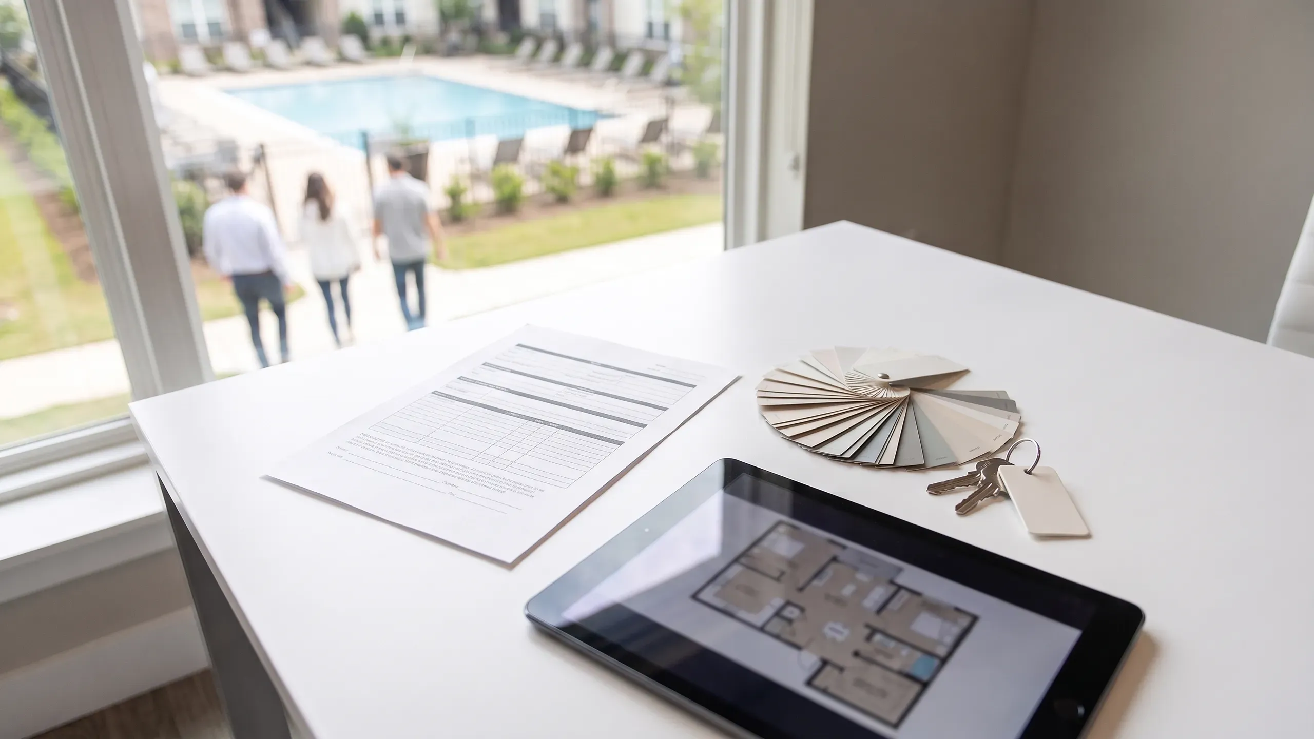 A leasing office desk with a printed request, paint fan deck, unit keys and a tablet showing a floor plan.